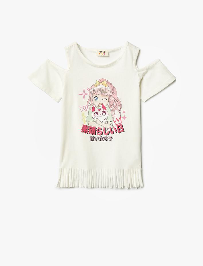 Kız Çocuk Tişört Anime Baskılı Püsküllü Kısa Kollu Pencere Detaylı Pamuklu