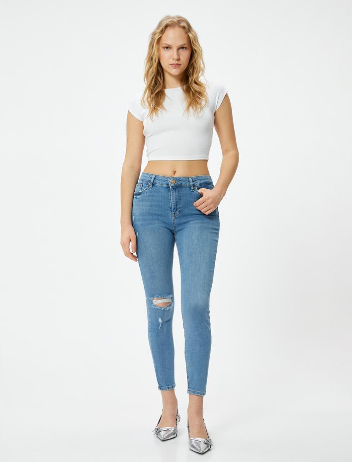  Dar Kesim Yüksek Bel Kot Pantolon Yıpratmalı Esnek Cepli Pamuklu - Carmen Skinny Jeans