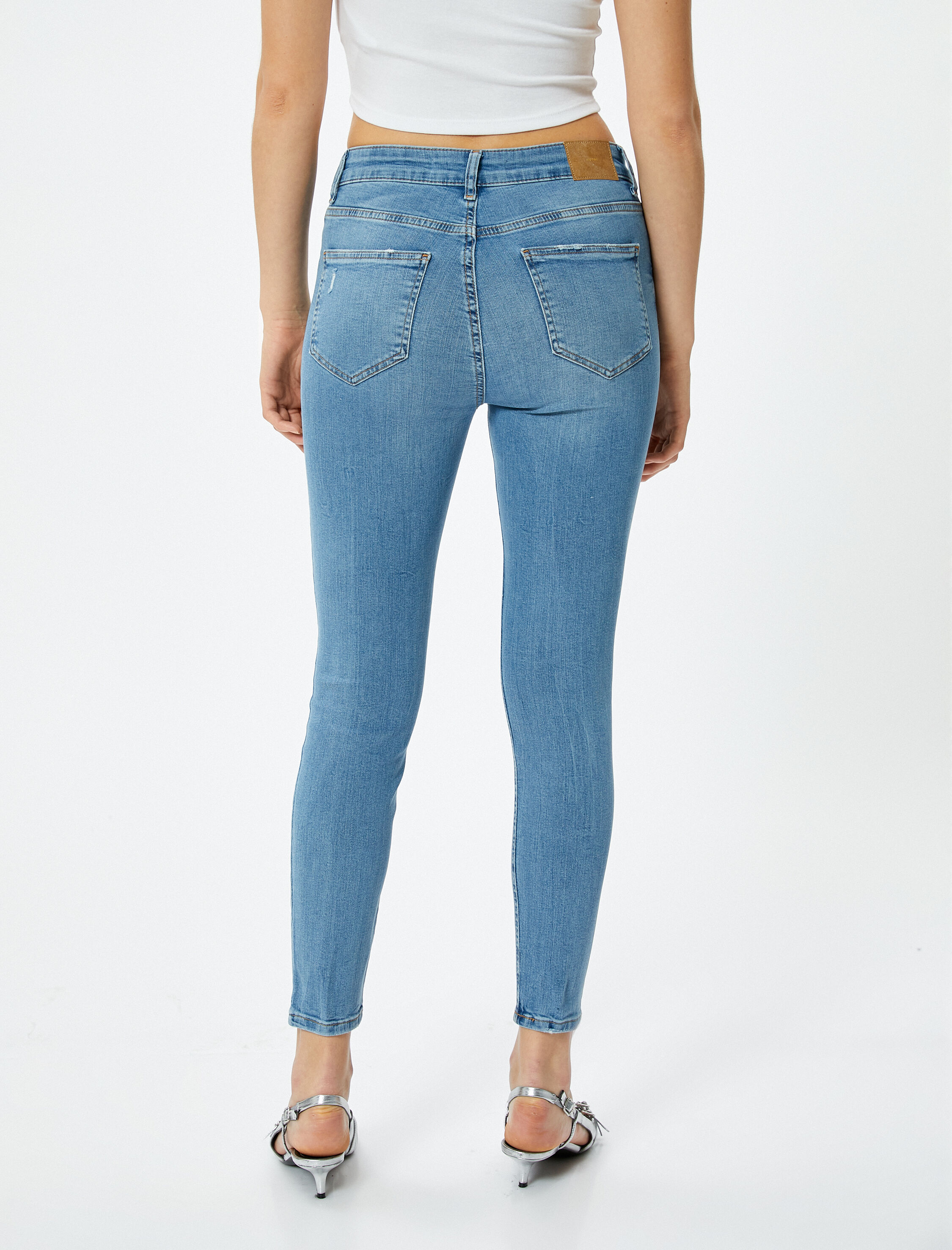   Dar Kesim Yüksek Bel Kot Pantolon Yıpratmalı Esnek Cepli Pamuklu - Carmen Skinny Jeans