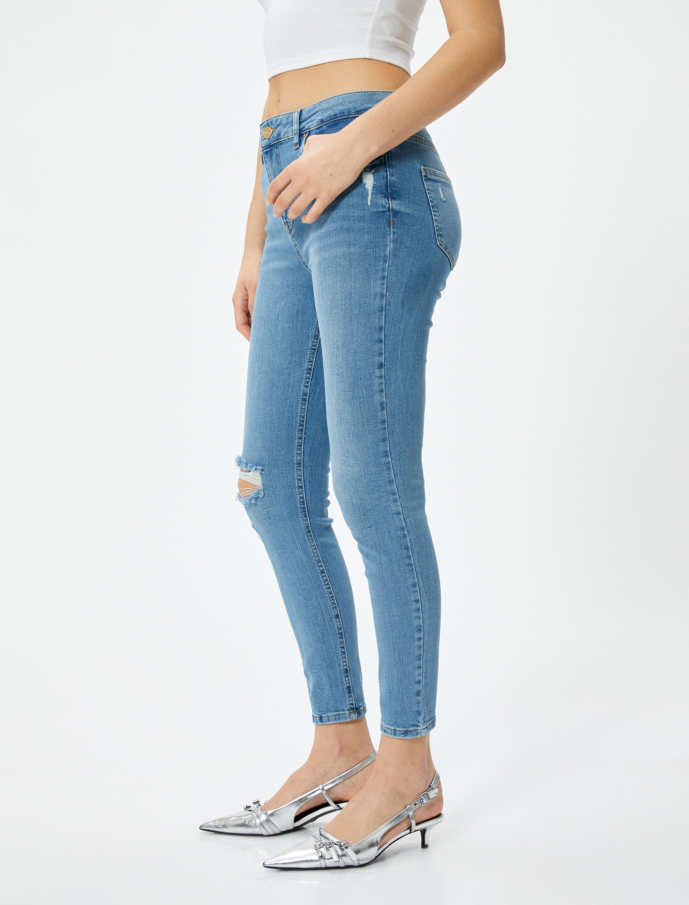   Dar Kesim Yüksek Bel Kot Pantolon Yıpratmalı Esnek Cepli Pamuklu - Carmen Skinny Jeans