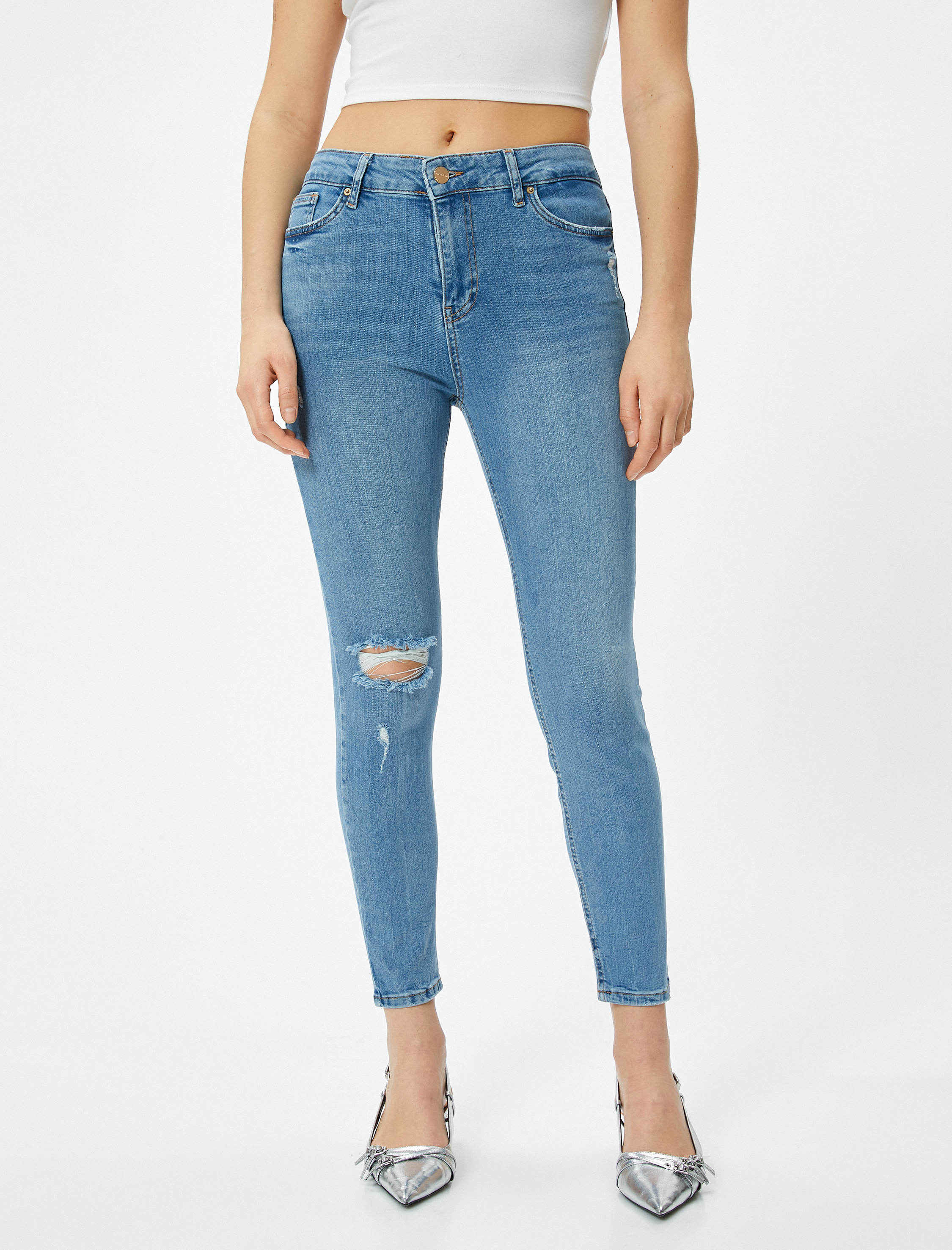   Dar Kesim Yüksek Bel Kot Pantolon Yıpratmalı Esnek Cepli Pamuklu - Carmen Skinny Jeans