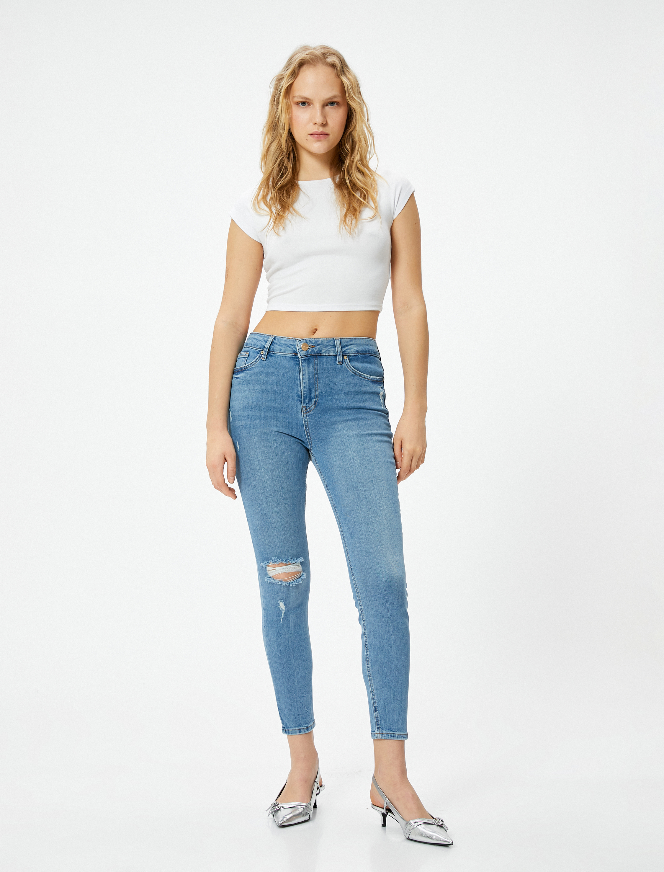   Dar Kesim Yüksek Bel Kot Pantolon Yıpratmalı Esnek Cepli Pamuklu - Carmen Skinny Jeans