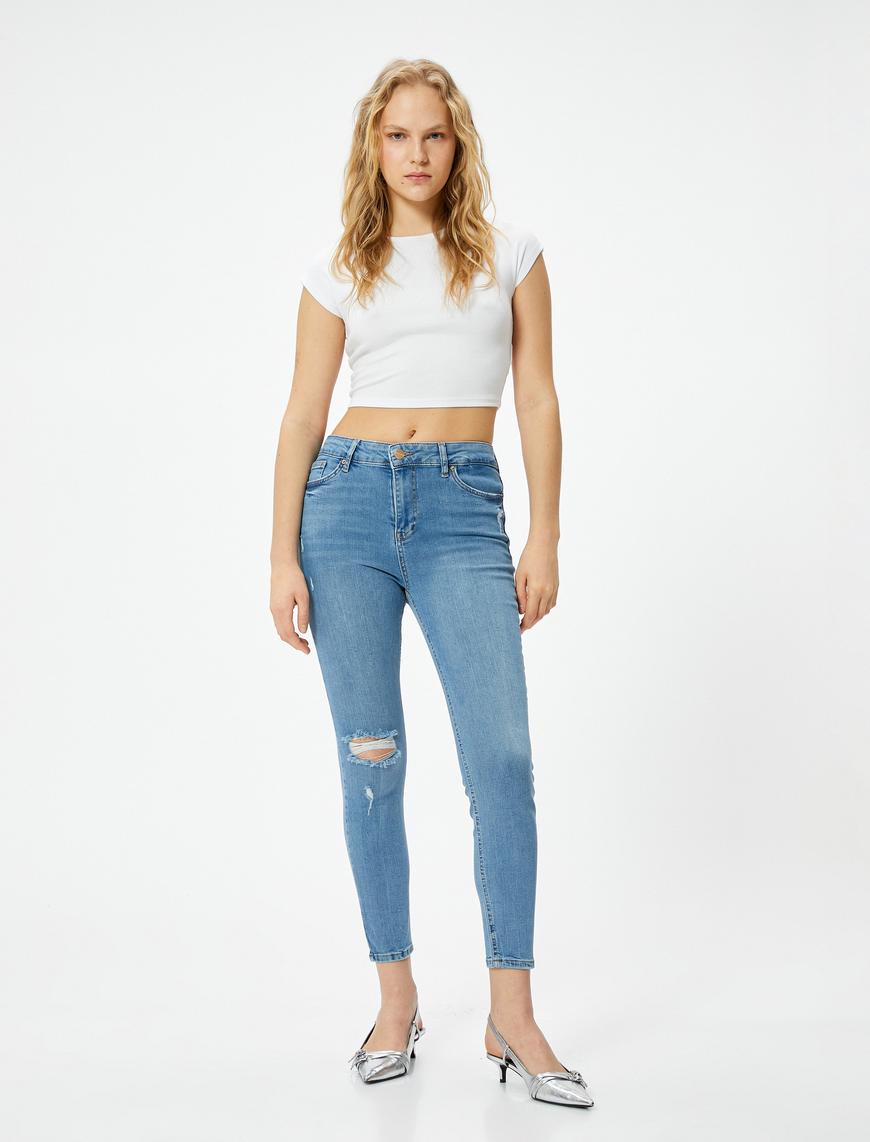   Dar Kesim Yüksek Bel Kot Pantolon Yıpratmalı Esnek Cepli Pamuklu - Carmen Skinny Jeans