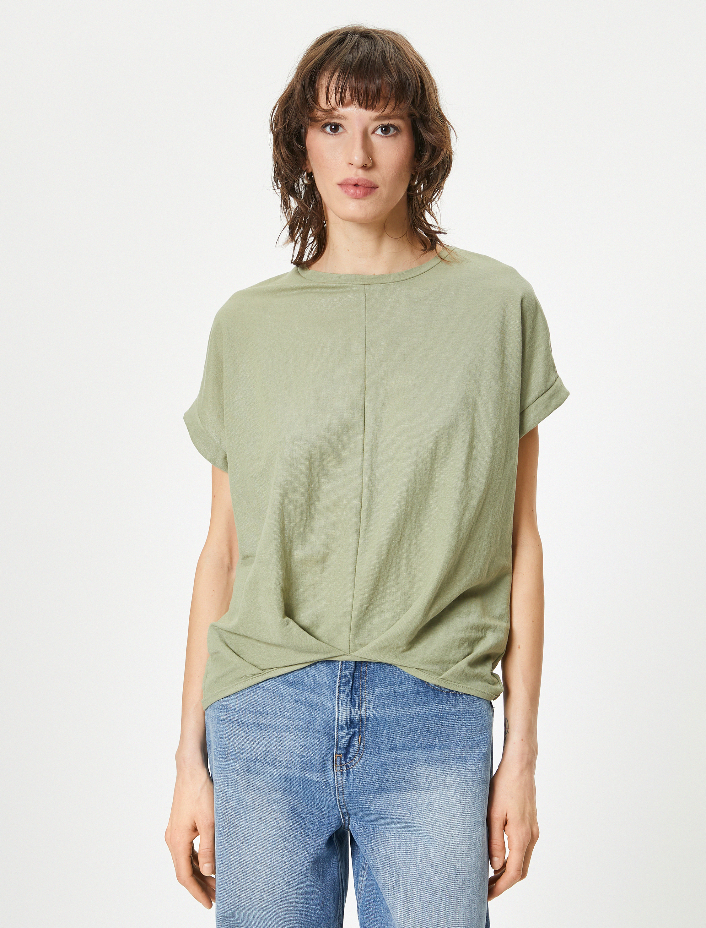   Rahat Kesim Tişört Önden Dikişli Kısa Kollu Bisiklet Yaka