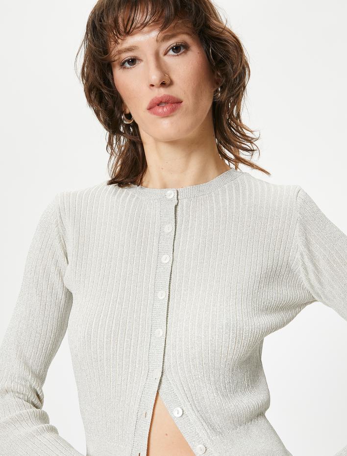  Triko Hırka Bisiklet Yaka Düğmeli Metalik Simli Fitilli