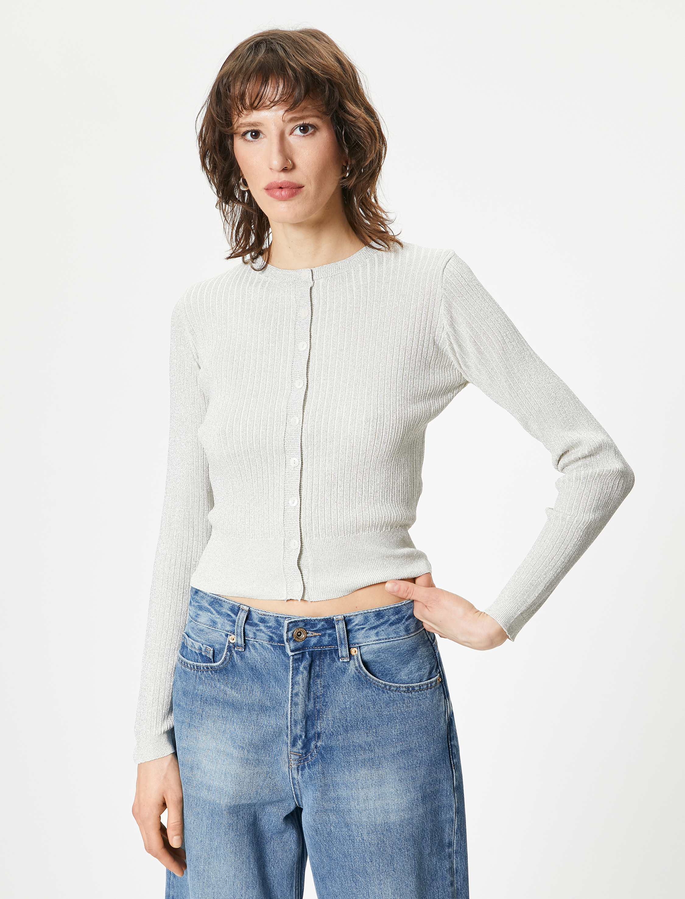   Triko Hırka Bisiklet Yaka Düğmeli Metalik Simli Fitilli