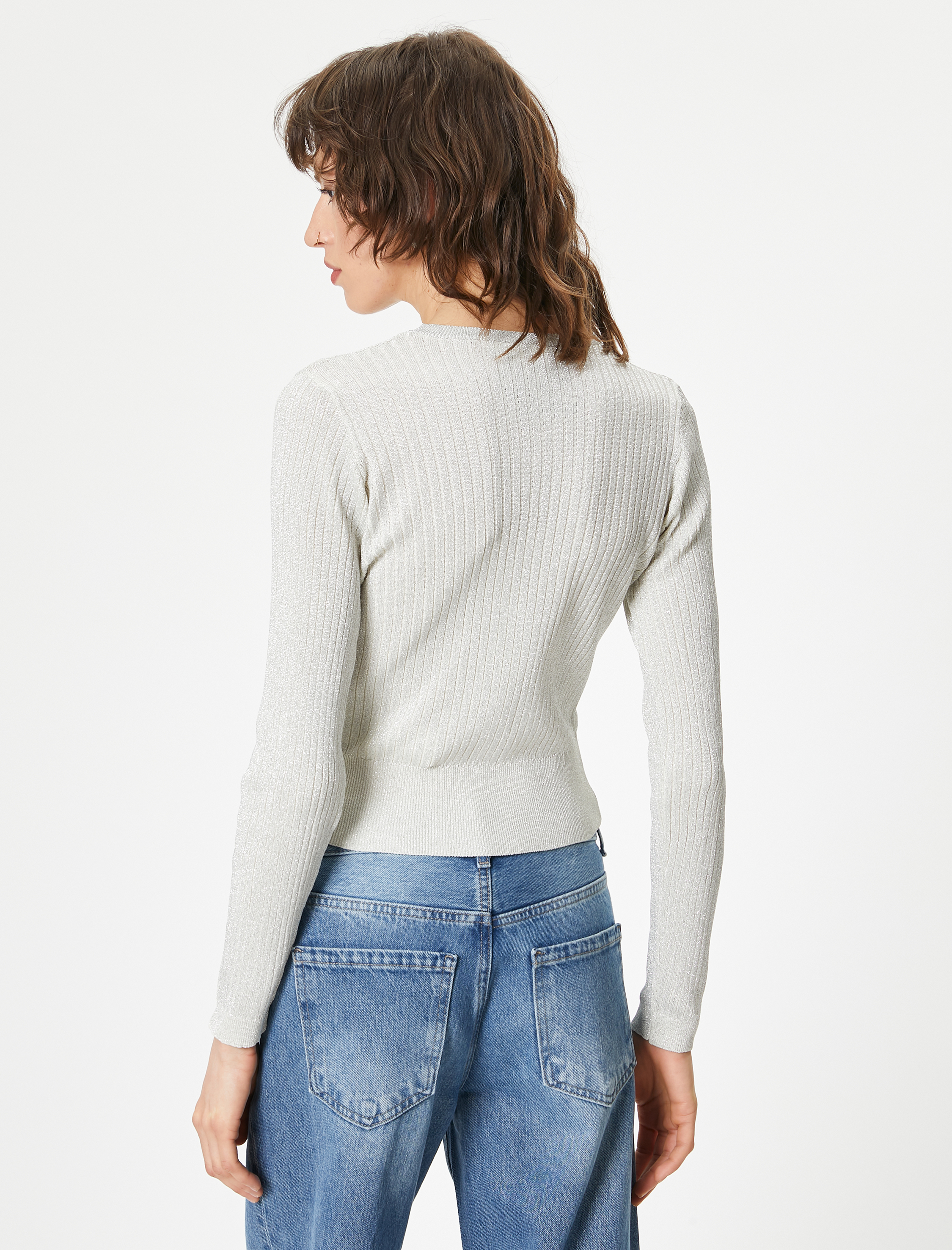   Triko Hırka Bisiklet Yaka Düğmeli Metalik Simli Fitilli