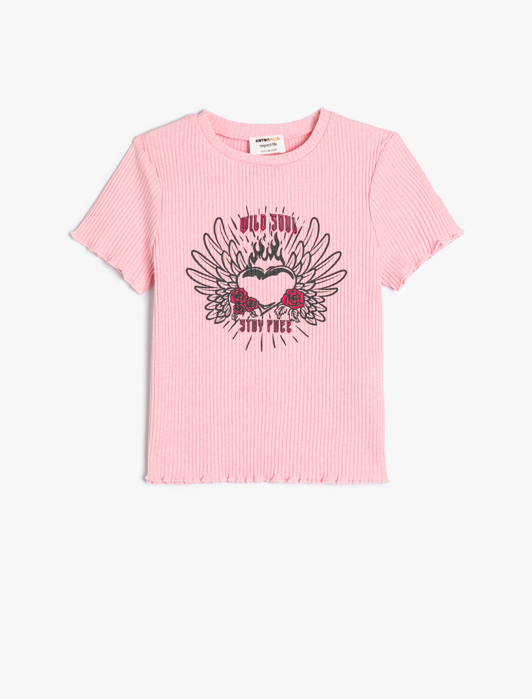  Kız Çocuk Tişört Kısa Kollu Bisiklet Yaka Ribanalı Kalp Baskılı