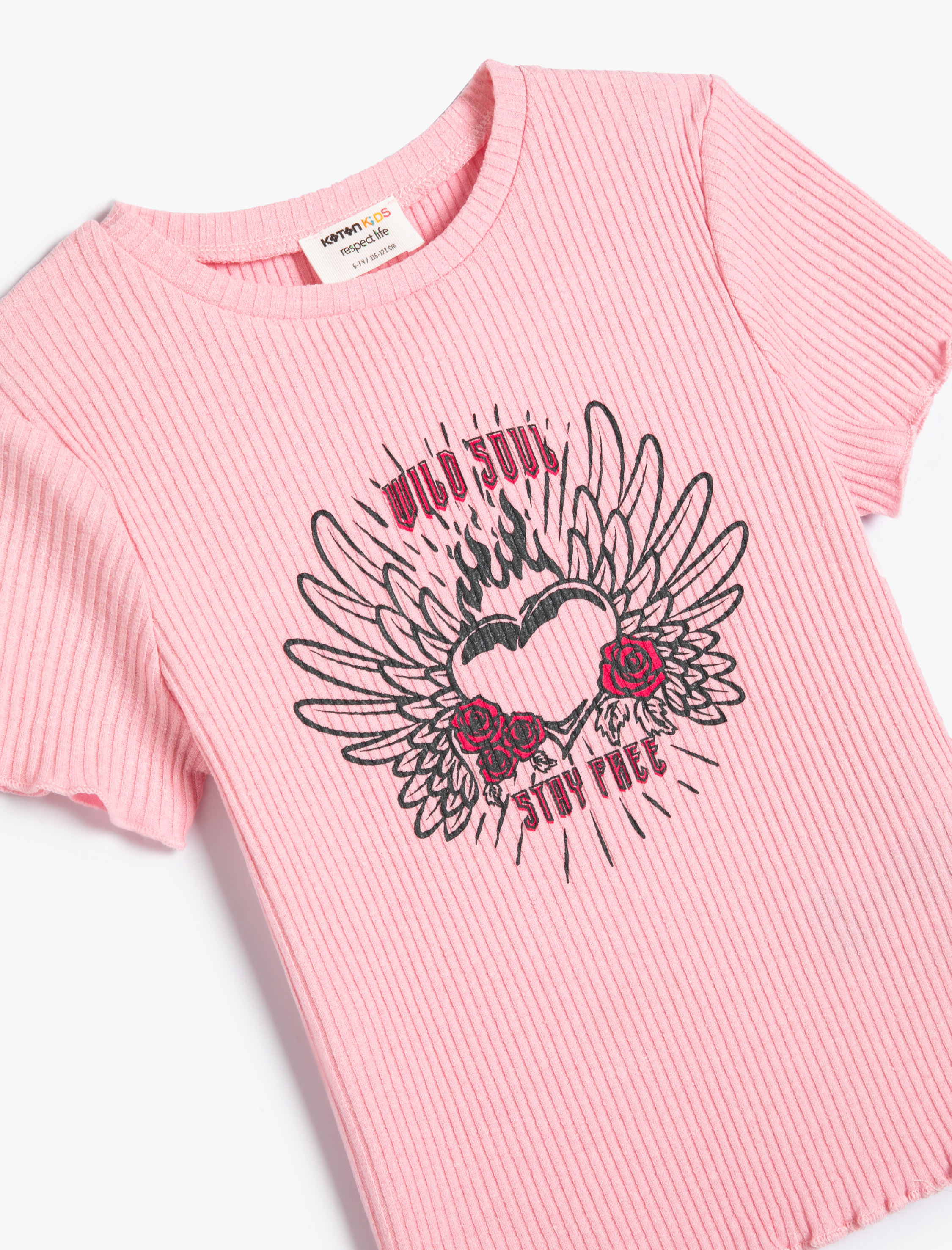  Kız Çocuk Tişört Kısa Kollu Bisiklet Yaka Ribanalı Kalp Baskılı