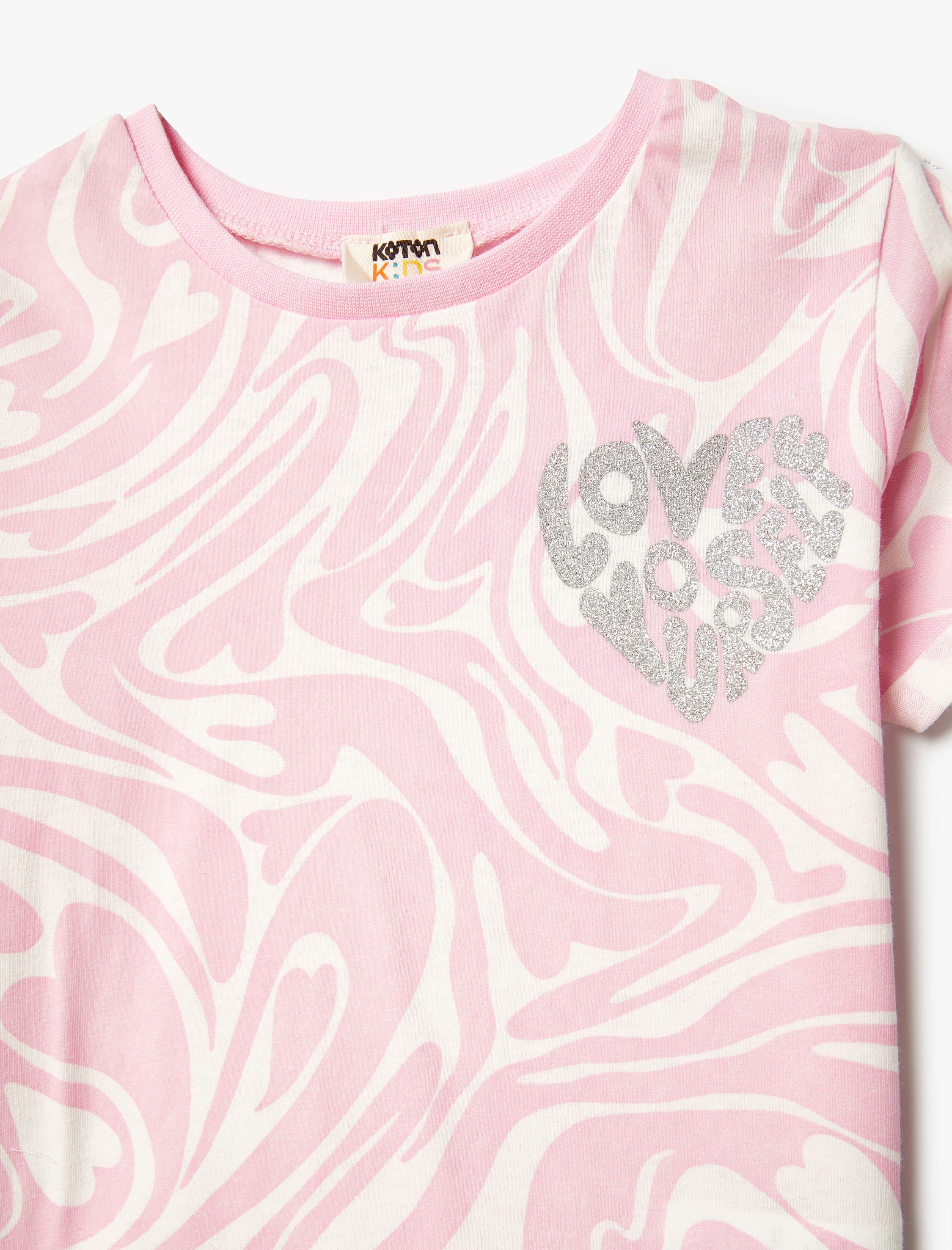  Kız Çocuk Tişört Baskılı Simli Kısa Kollu Bisiklet Yaka Pamuklu