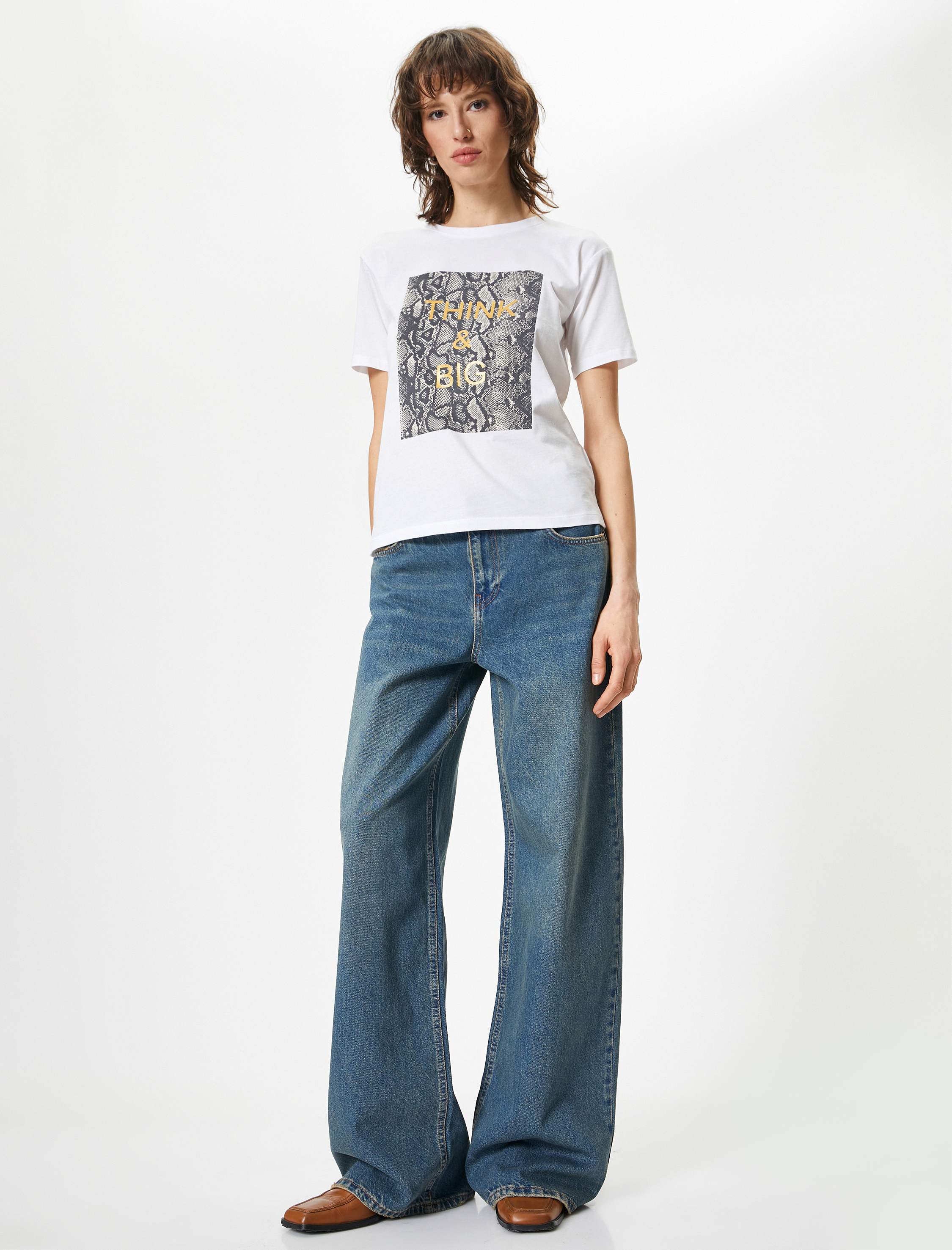   Leopar Baskılı Tişört Kısa Kollu Bisiklet Yaka Pamuklu