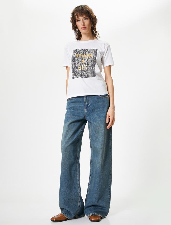  Leopar Baskılı Tişört Kısa Kollu Bisiklet Yaka Pamuklu