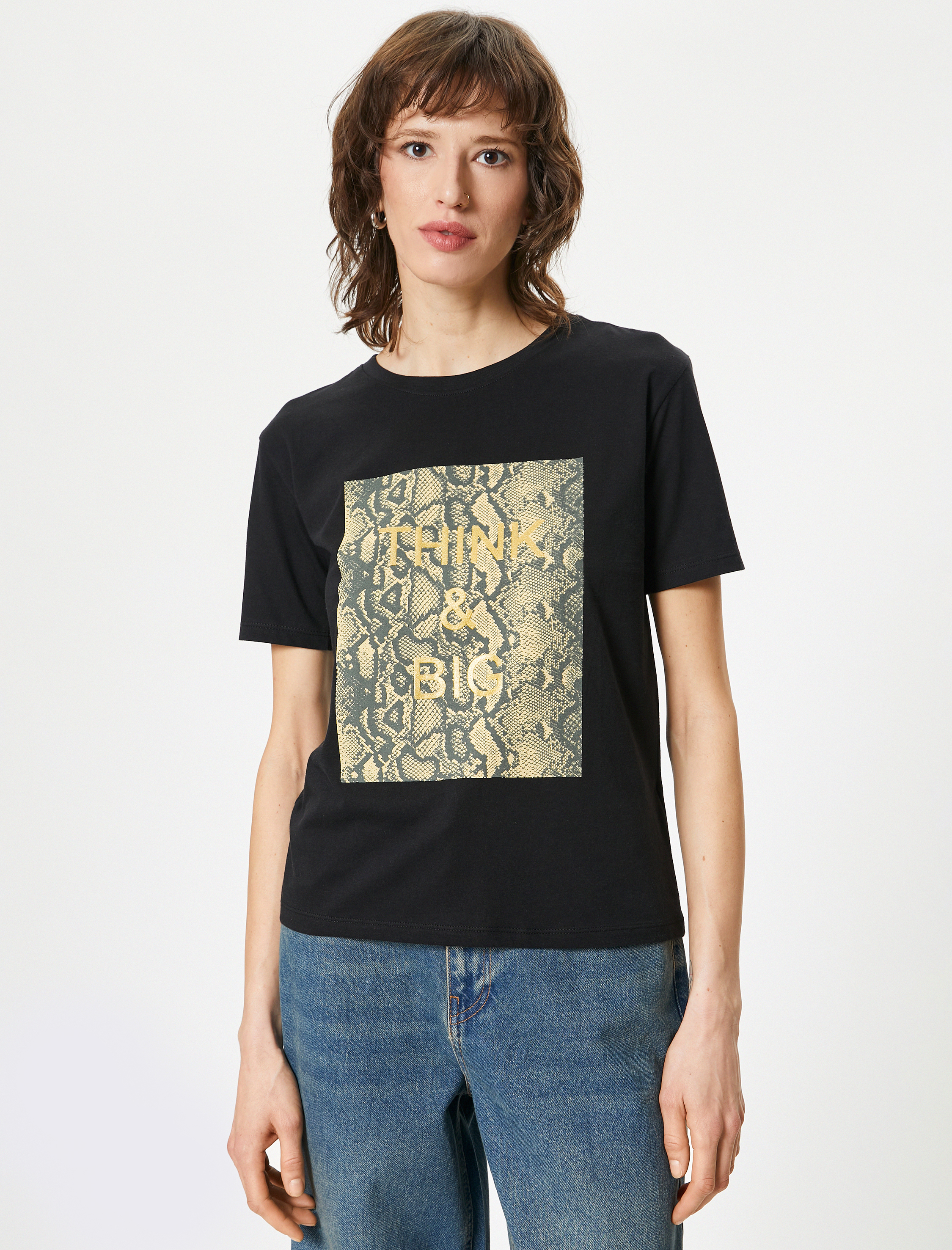   Leopar Baskılı Tişört Kısa Kollu Bisiklet Yaka Pamuklu