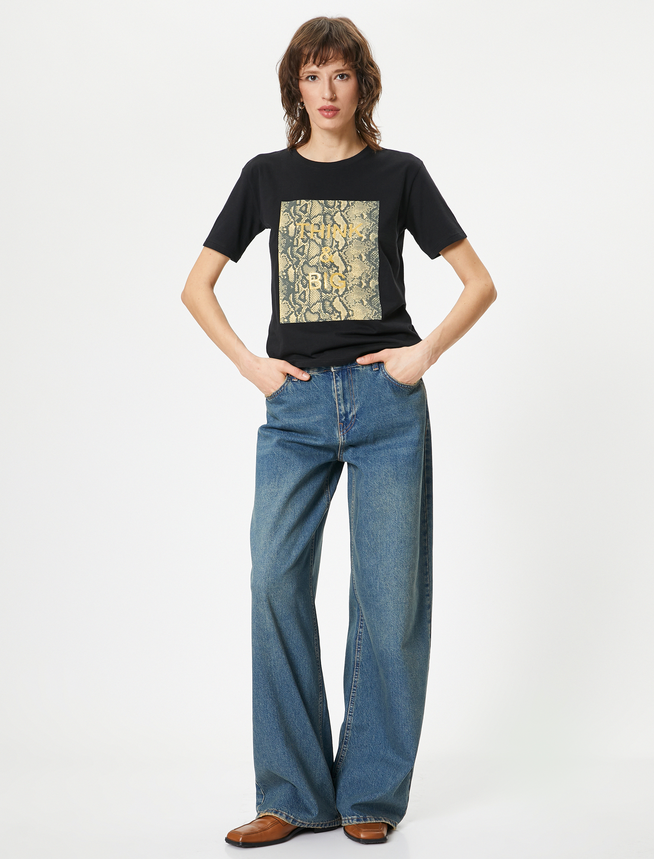   Leopar Baskılı Tişört Kısa Kollu Bisiklet Yaka Pamuklu