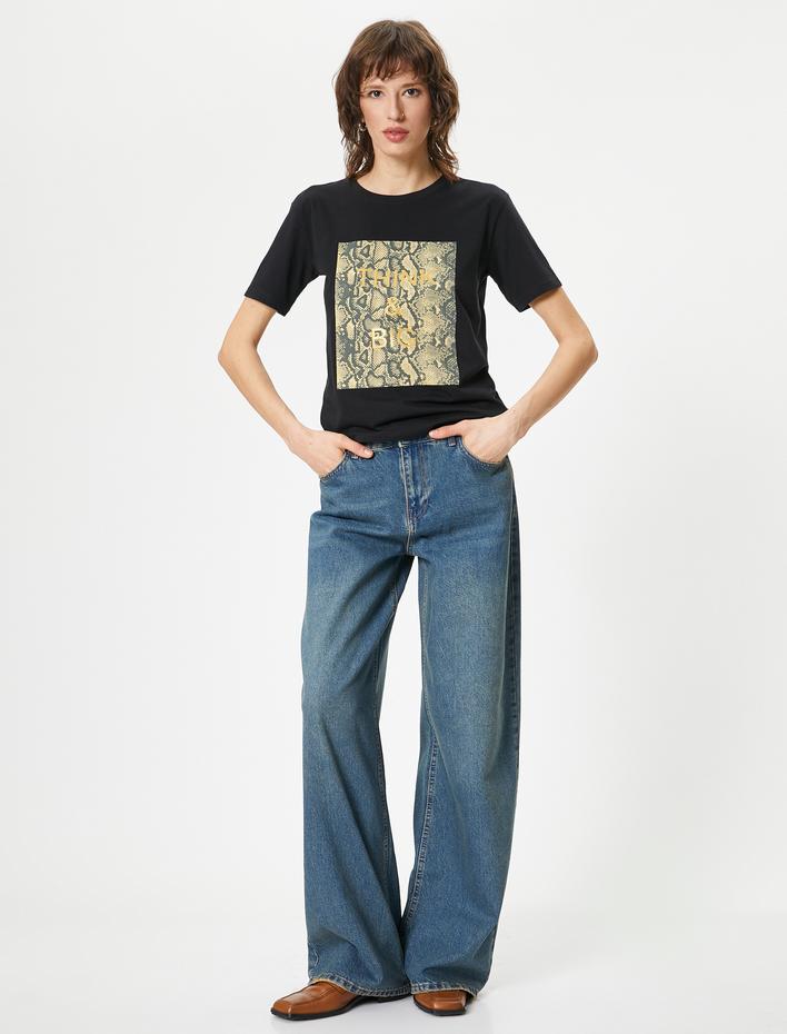  Leopar Baskılı Tişört Kısa Kollu Bisiklet Yaka Pamuklu