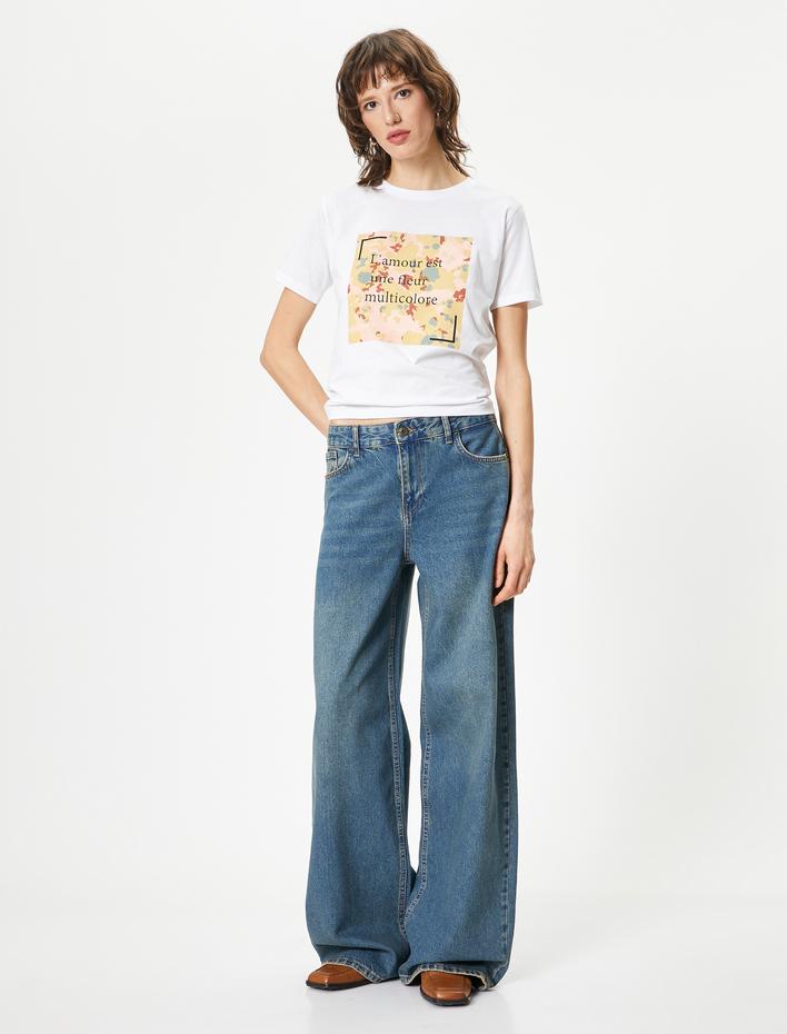  Slogan Baskılı Tişört Kısa Kollu Bisiklet Yaka Pamuklu