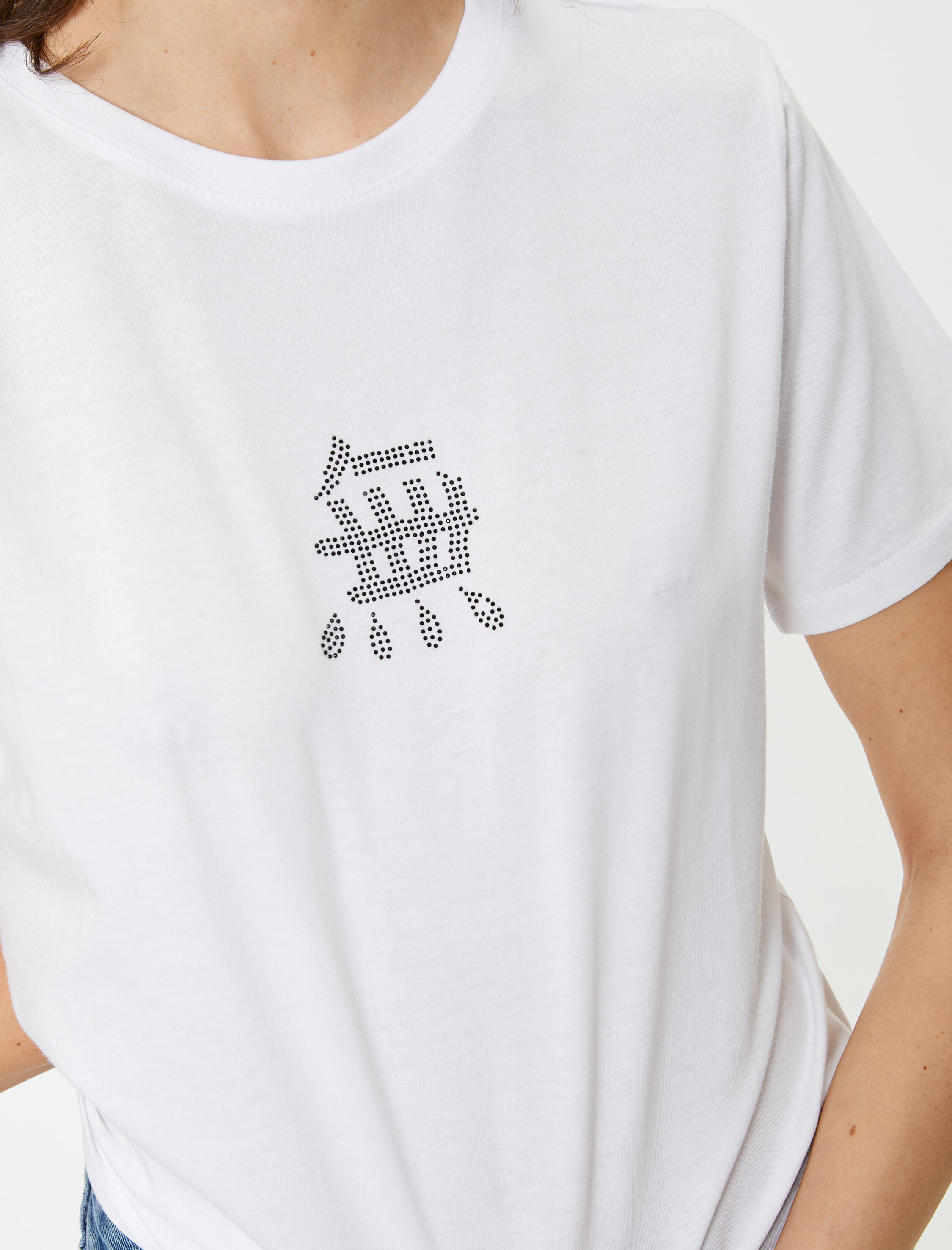   Taş Baskılı Tişört Kısa Kollu Bisiklet Yaka Pamuklu