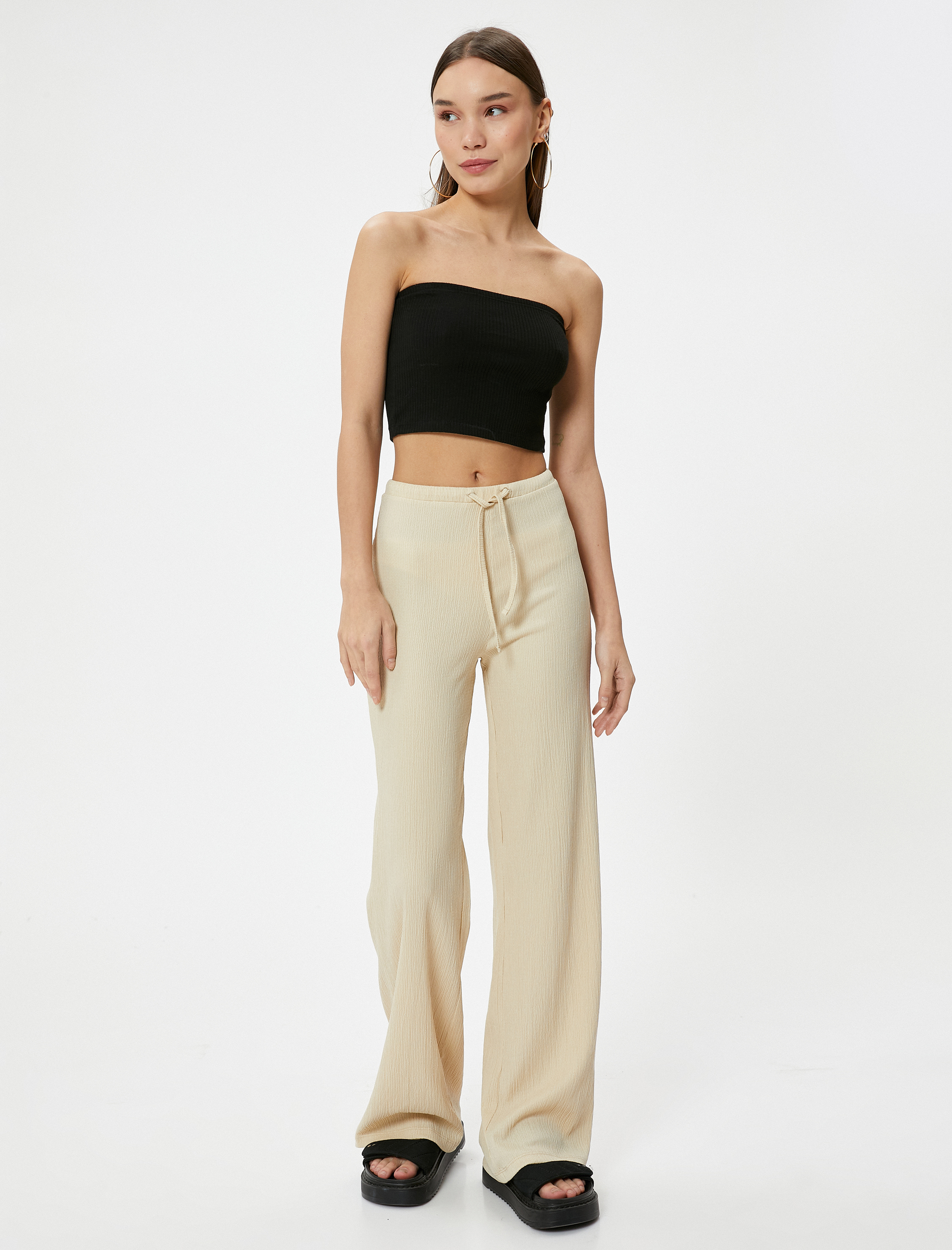   Bol Paça Pantolon Beli Bağlamalı Fitilli Bürümcük