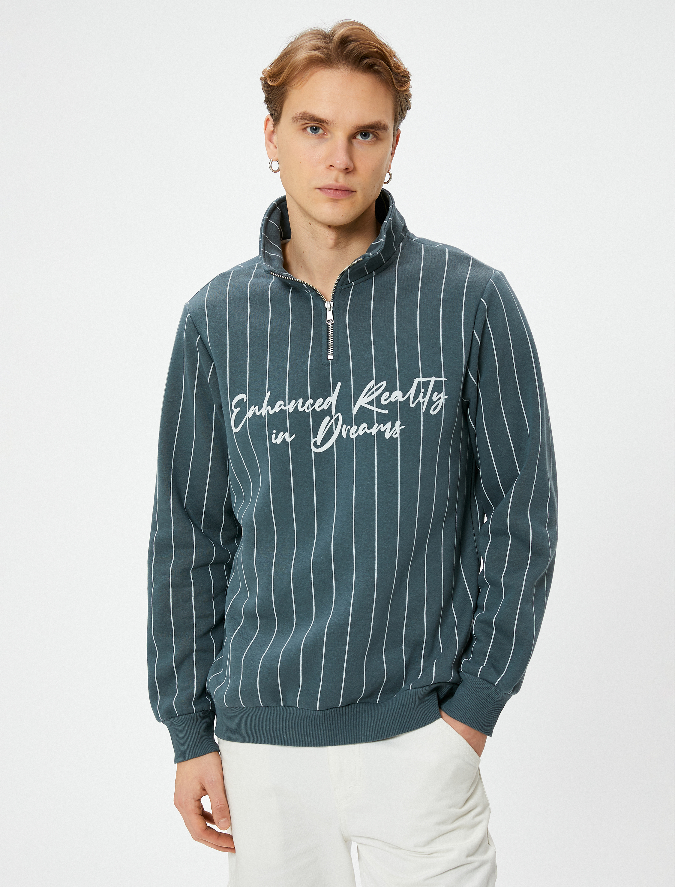   Yarım Fermuarlı Sweatshirt Slogan Baskılı Dik Yaka Şardonlu