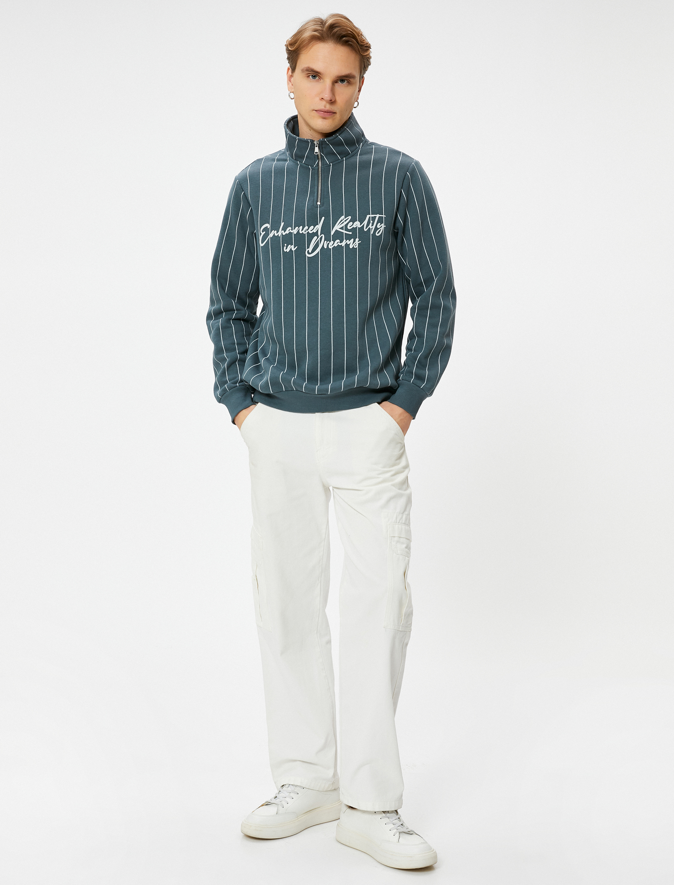   Yarım Fermuarlı Sweatshirt Slogan Baskılı Dik Yaka Şardonlu