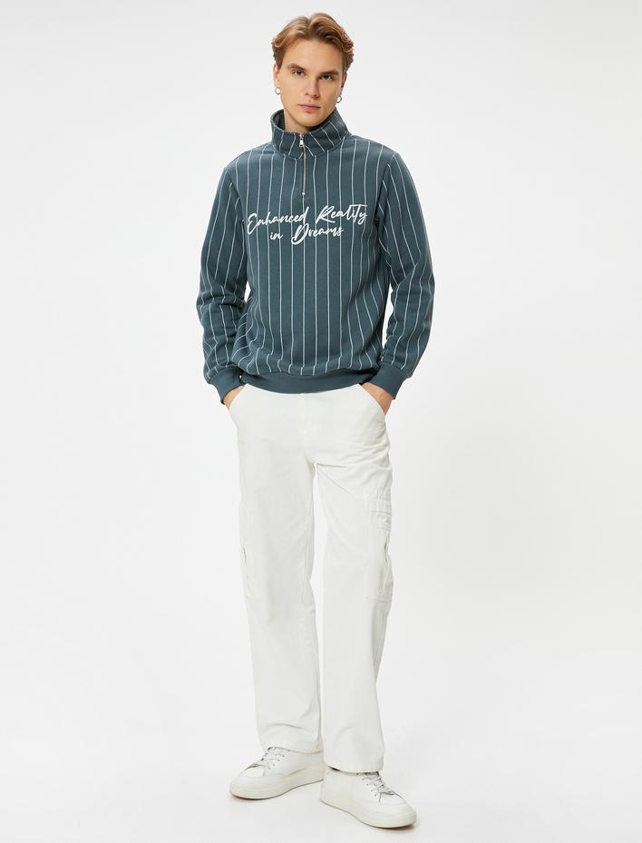  Yarım Fermuarlı Sweatshirt Slogan Baskılı Dik Yaka Şardonlu