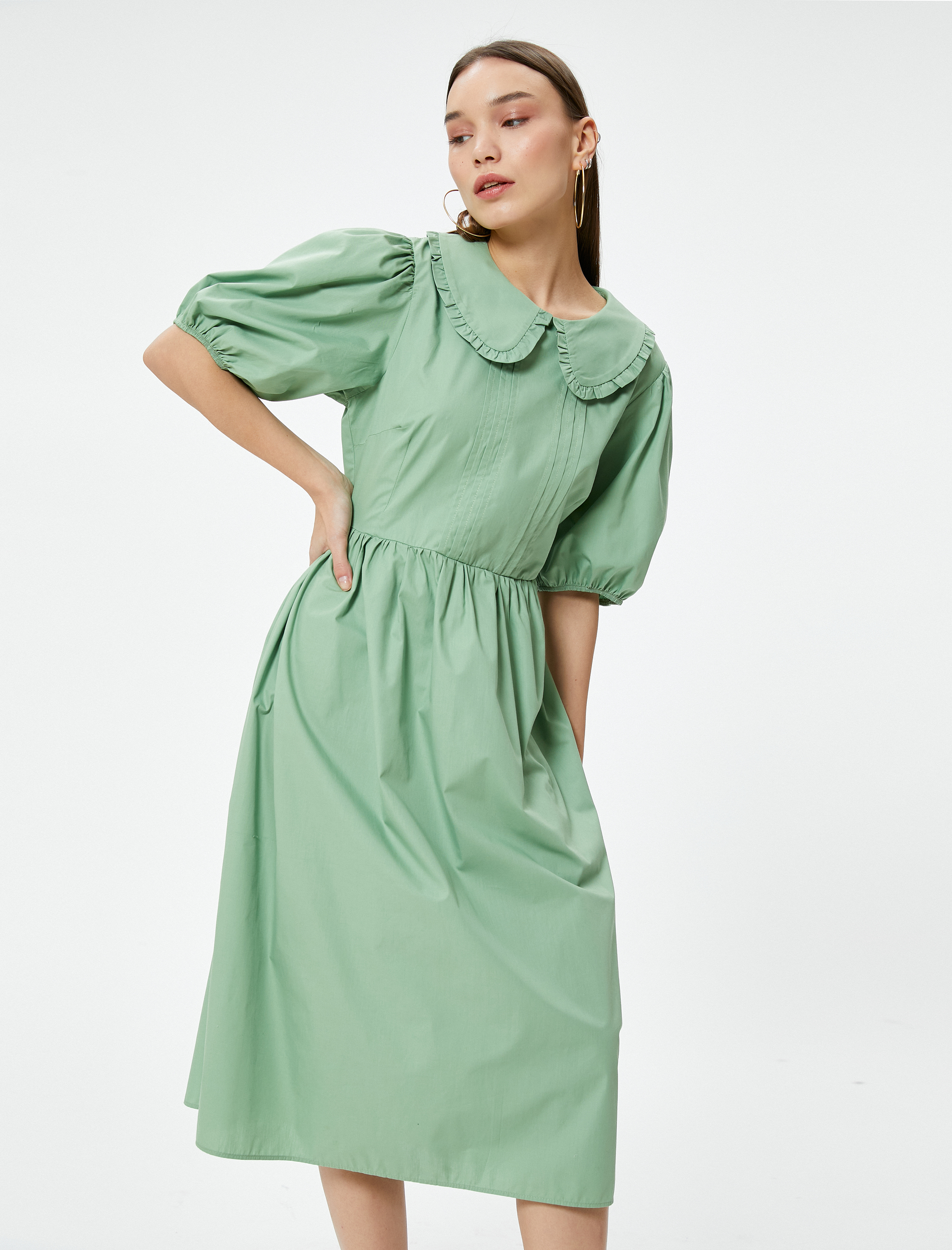   Balon Kol Elbise Midi Boy Bebe Yaka Pamuklu