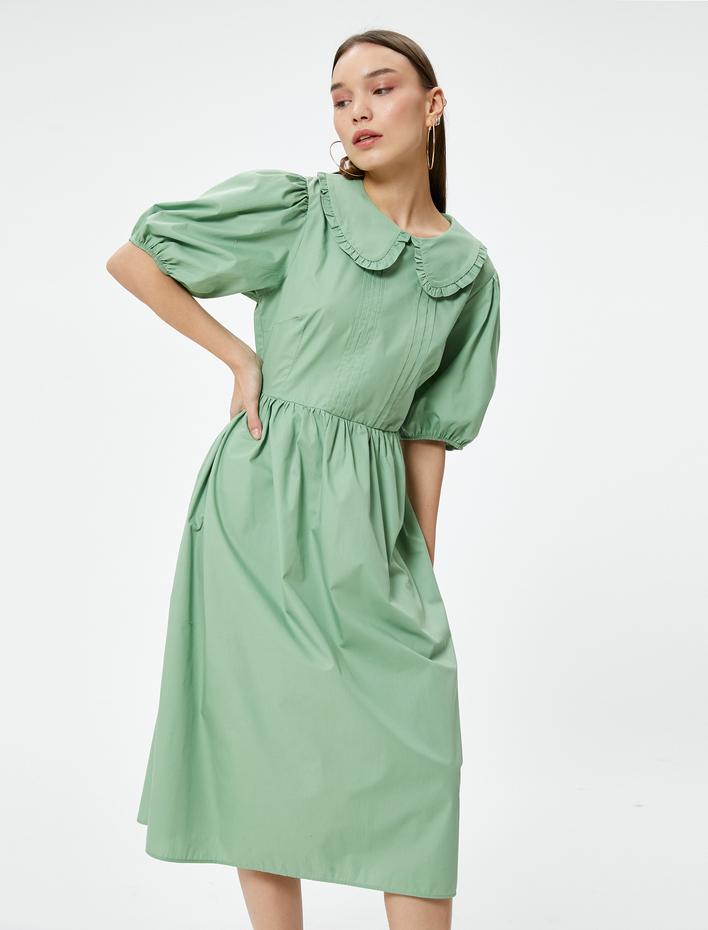  Balon Kol Elbise Midi Boy Bebe Yaka Pamuklu