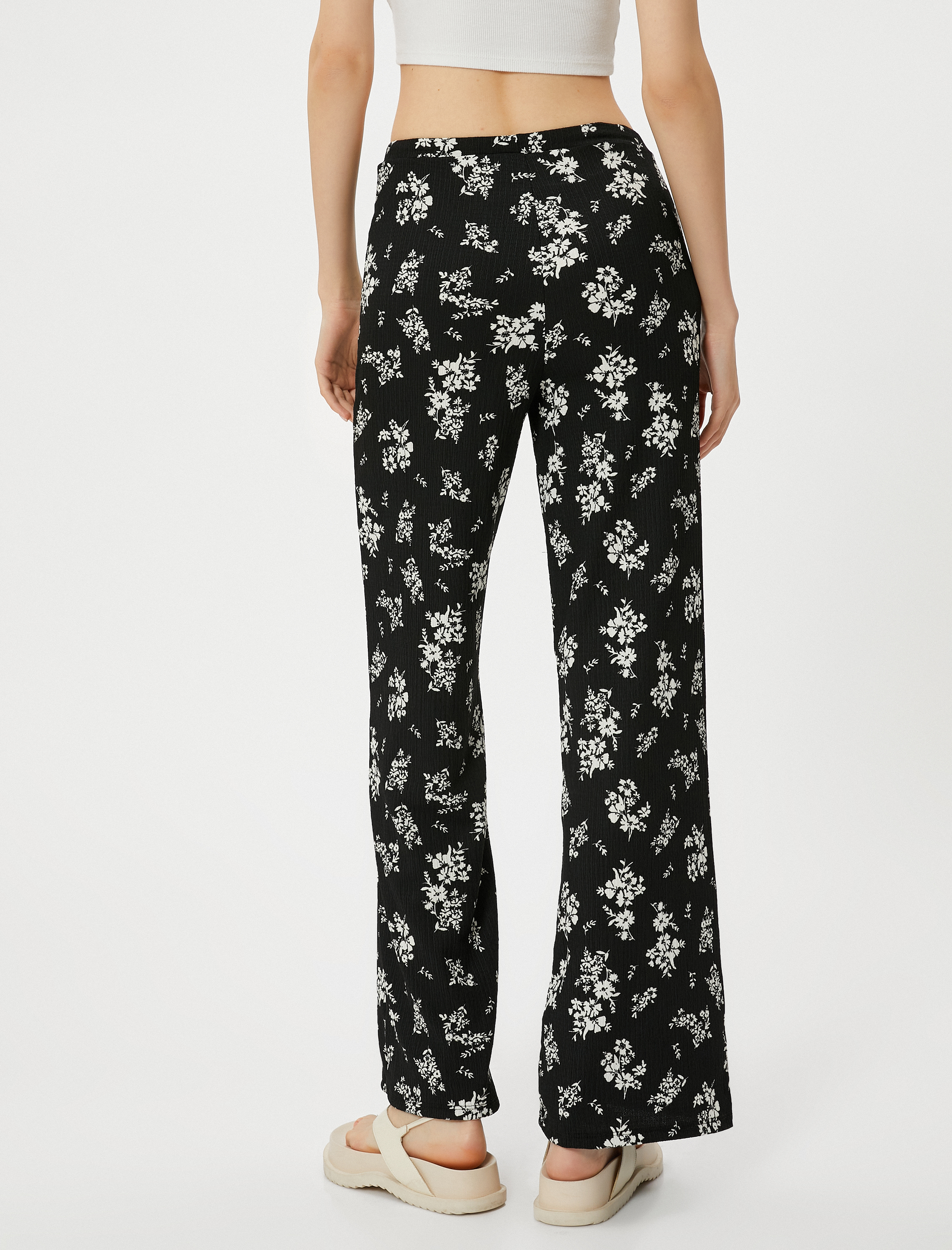   Çiçekli Geniş Paça Pantolon Beli Bağlamalı Yüksek Bel Rahat Kalıp Bürümcük