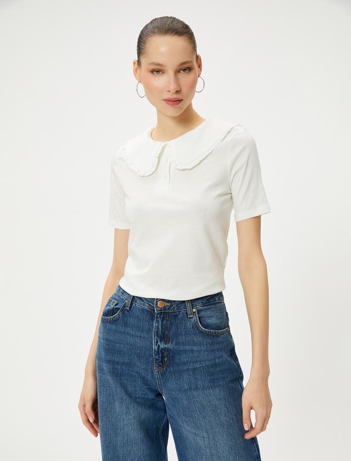  Bebe Yaka Tişört Düğmeli Kısa Kollu Pamuklu Fırfırlı