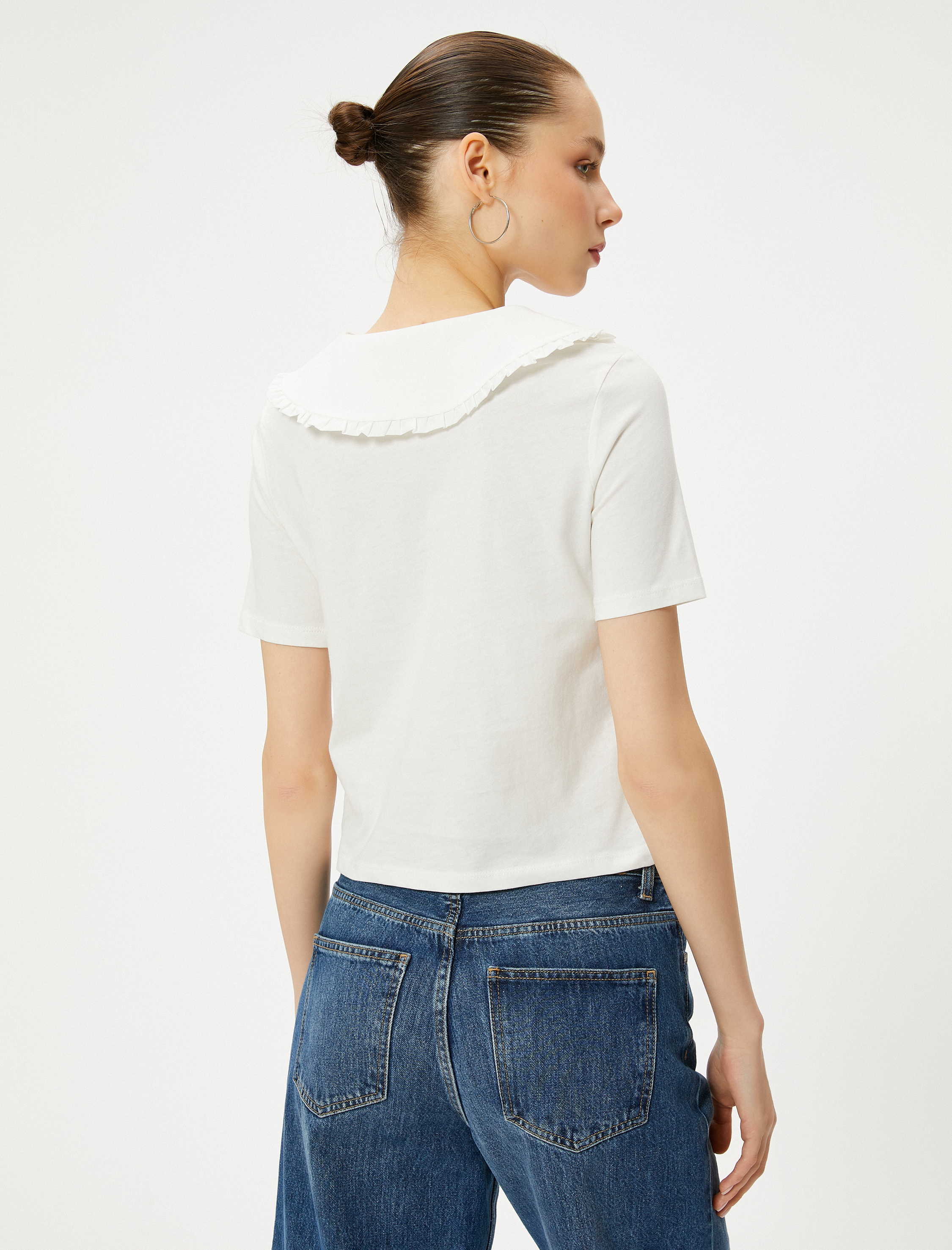   Bebe Yaka Tişört Düğmeli Kısa Kollu Pamuklu Fırfırlı