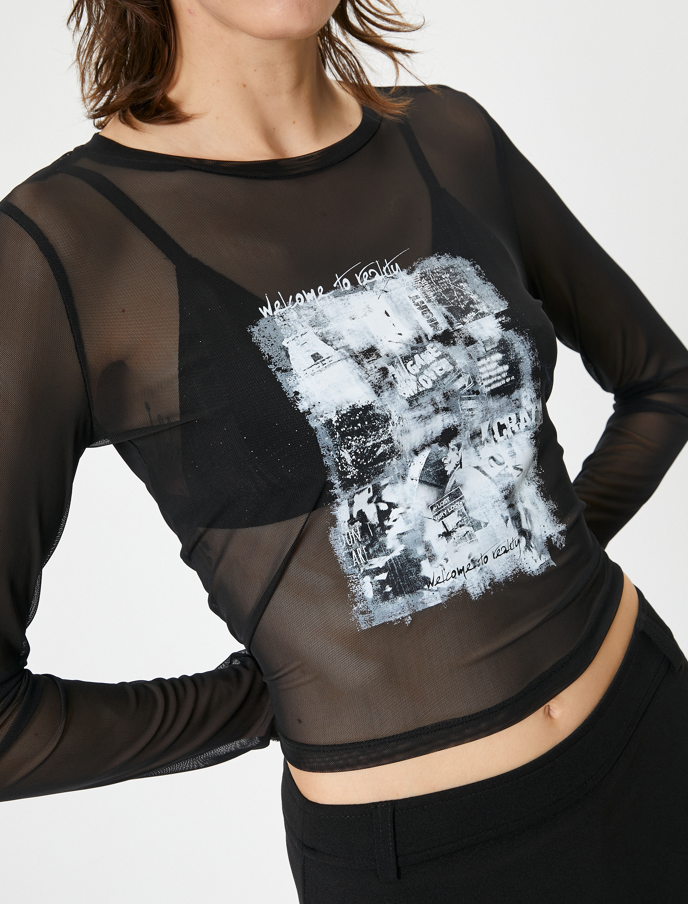   Transparan Tişört Baskılı Uzun Kollu Bisiklet Yaka