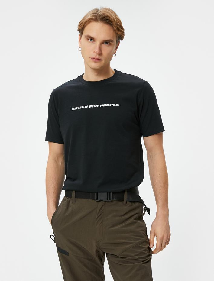  Slim Fit Tişört Slogan Baskılı Bisiklet Yaka Kısa Kollu