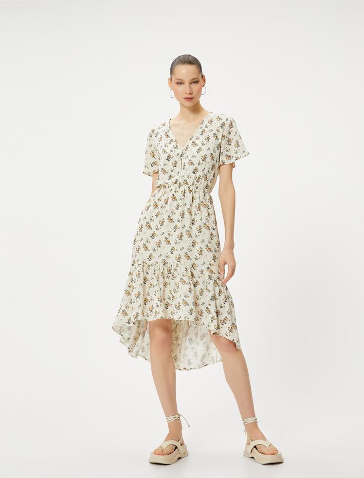  Çiçekli Midi Elbise Asimetrik Kesim Fırfırlı Kısa Kollu V Yaka Düğmeli Astarlı