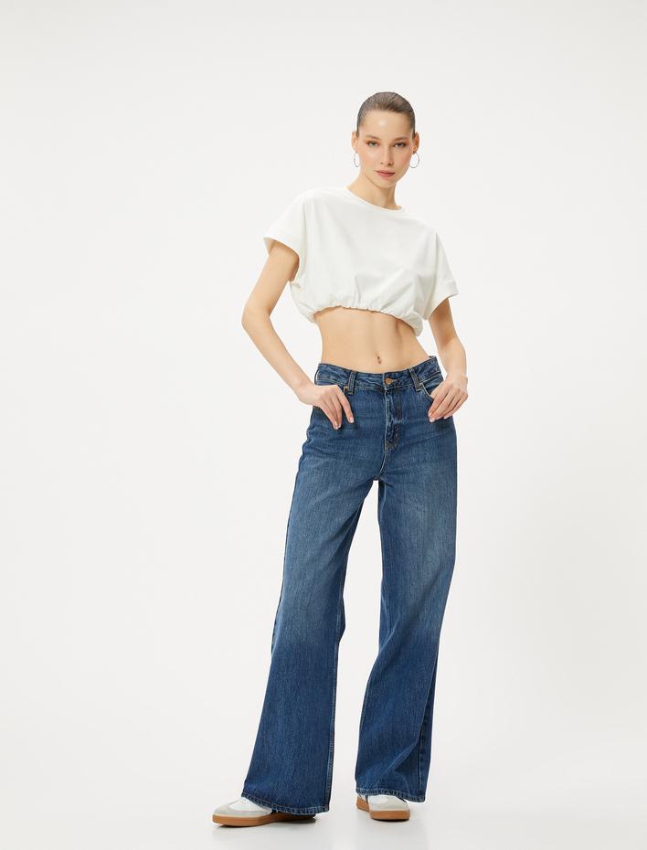  Crop Tişört Etek Ucu Lastikli Kısa Kollu Bisiklet Yaka Pamuklu