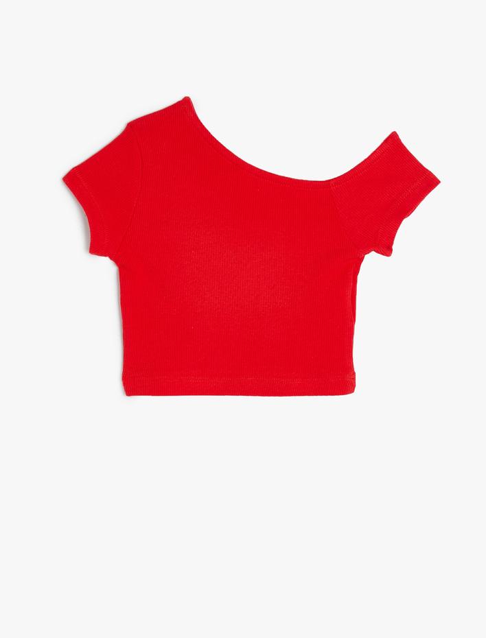 Kız Çocuk Crop Tişört Asimetrik Yaka Kısa Kollu Pamuklu