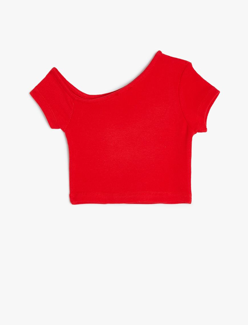  Kız Çocuk Crop Tişört Asimetrik Yaka Kısa Kollu Pamuklu