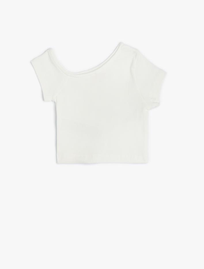 Kız Çocuk Crop Tişört Asimetrik Yaka Kısa Kollu Pamuklu