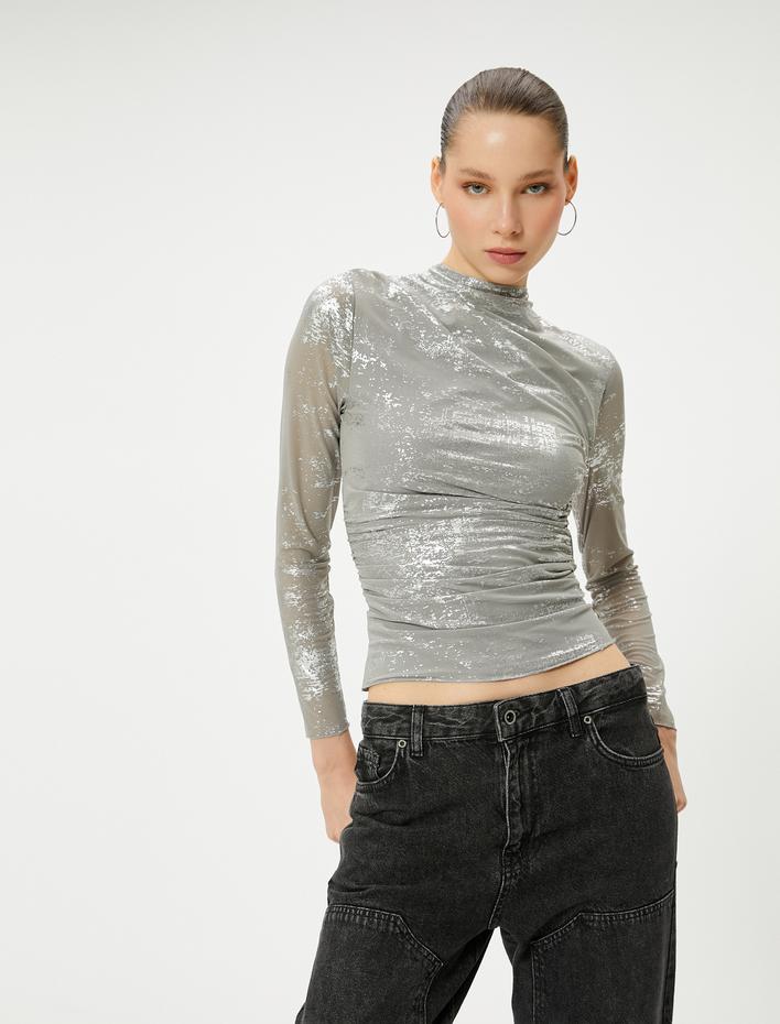  Metalik Tül Tişört Dik Yaka Uzun Kollu Drape Detaylı Astarlı