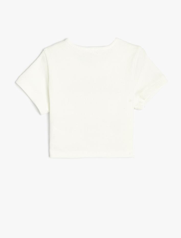 Kız Çocuk Crop Tişört Baskılı Kısa Kollu Bisiklet Yaka Ribanalı