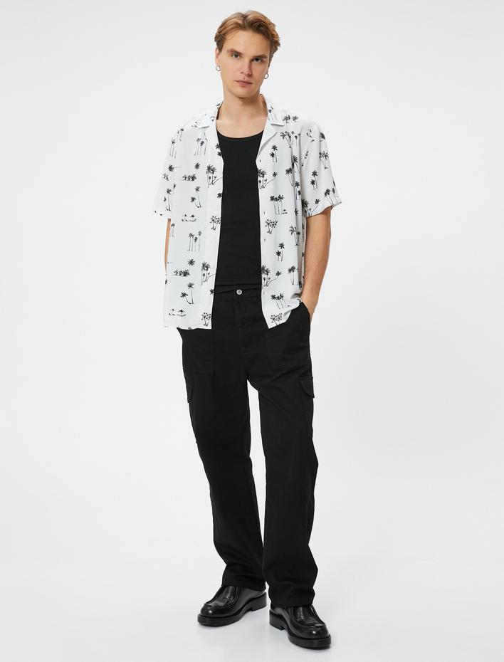  Yazlık Gömlek Palmiye Desenli Kısa Kollu Devrik Yaka Viskon Regular Fit