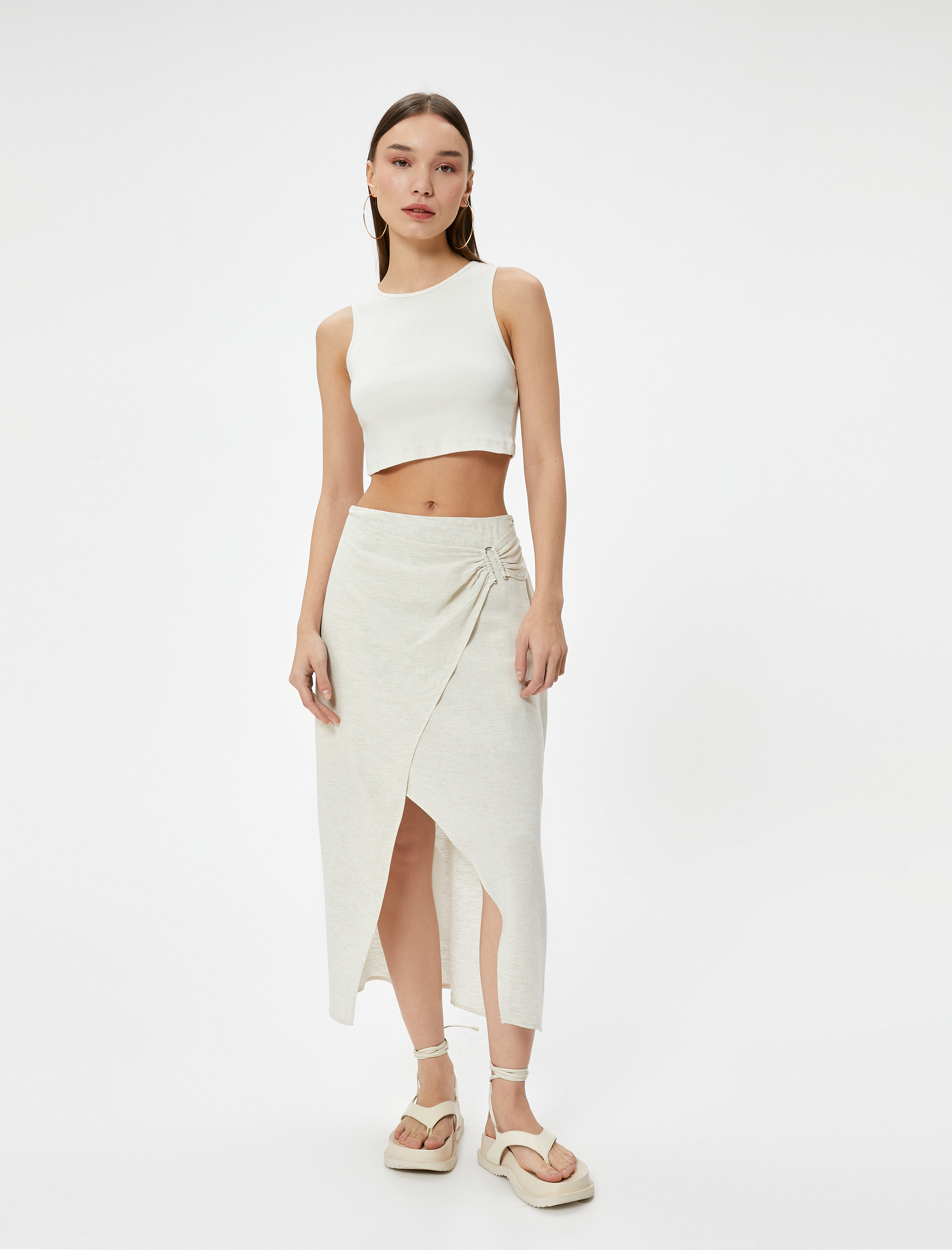   Keten Maksi Etek Astarlı Kruvaze Asimetrik Drape Detaylı Metal Aksesuarlı