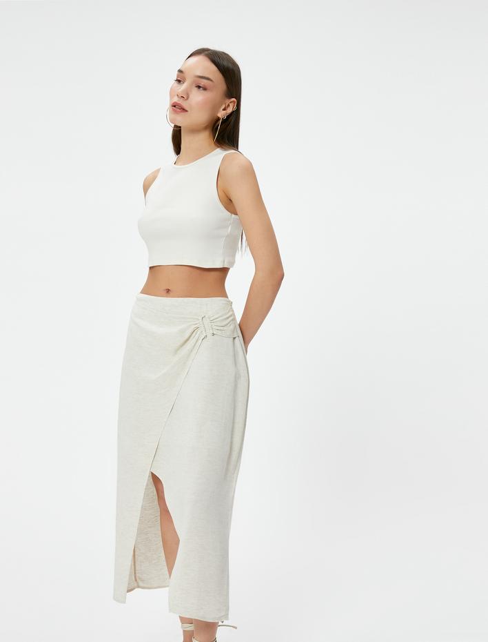  Keten Maksi Etek Astarlı Kruvaze Asimetrik Drape Detaylı Metal Aksesuarlı