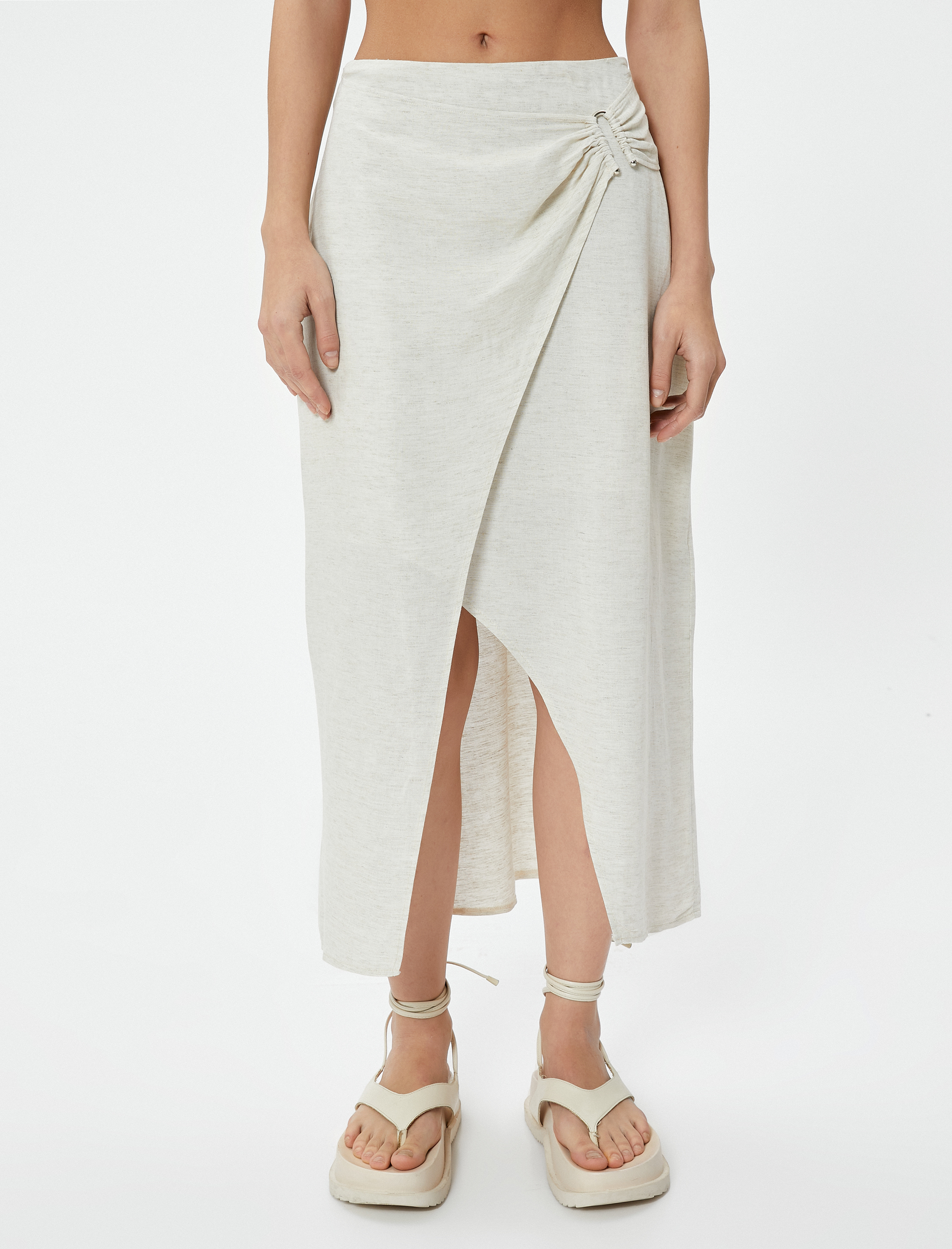   Keten Maksi Etek Astarlı Kruvaze Asimetrik Drape Detaylı Metal Aksesuarlı