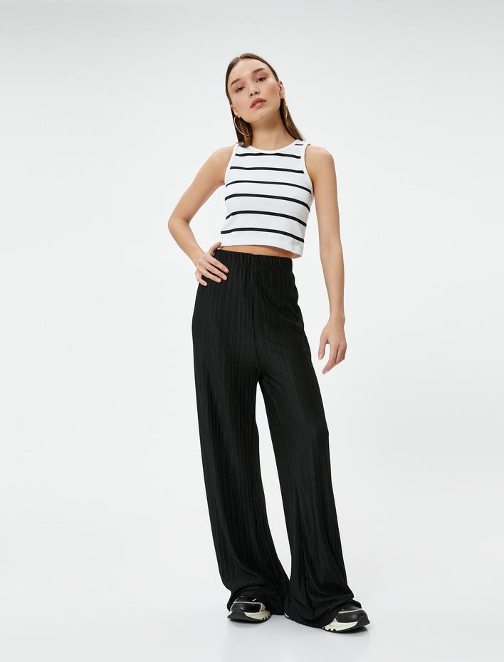  Bol Paça Pantolon Dokulu Standart Bel Rahat Kalıp
