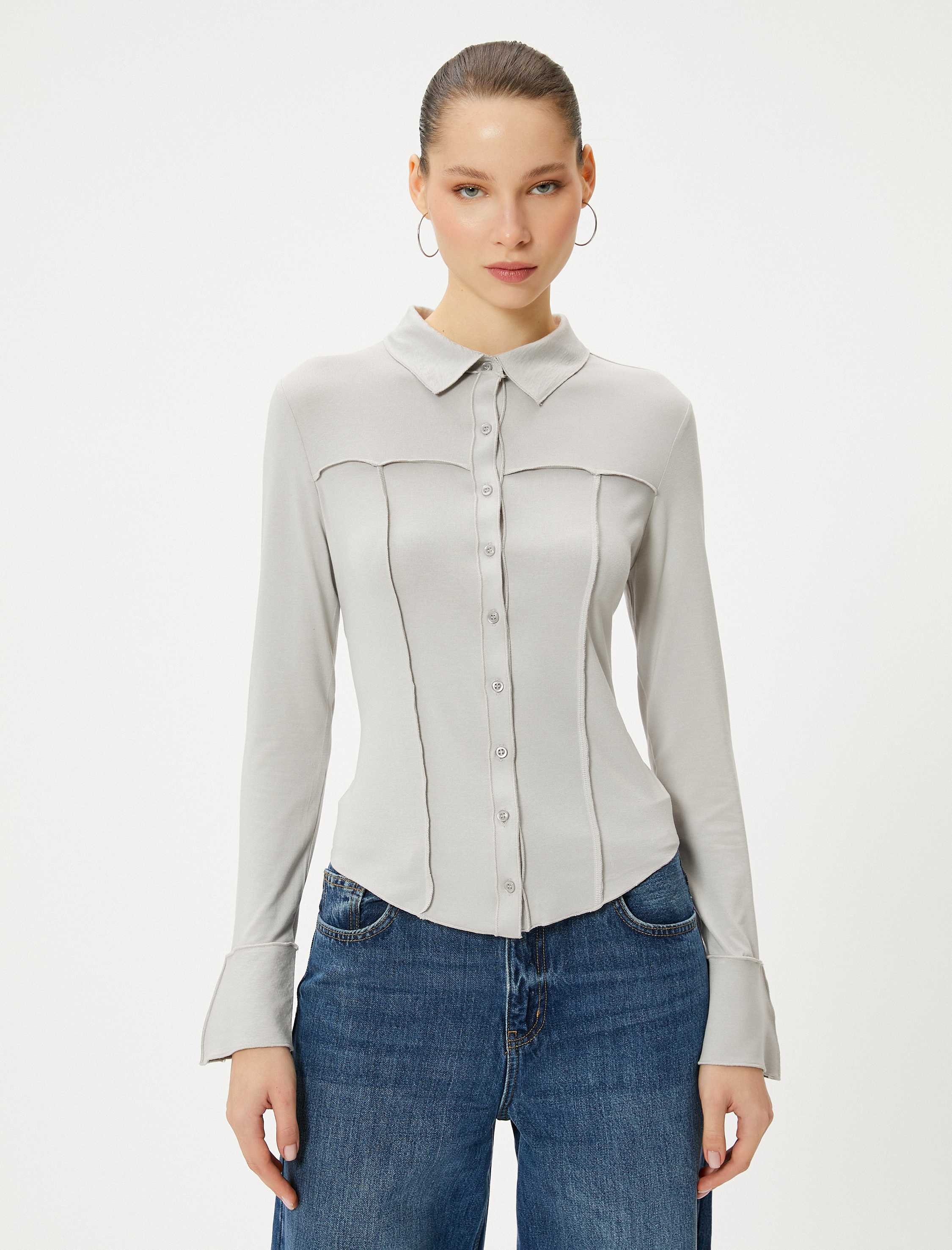   Viskon Kumaş Bluz Düğmeli Gömlek Yaka Uzun Kollu Nervürlü