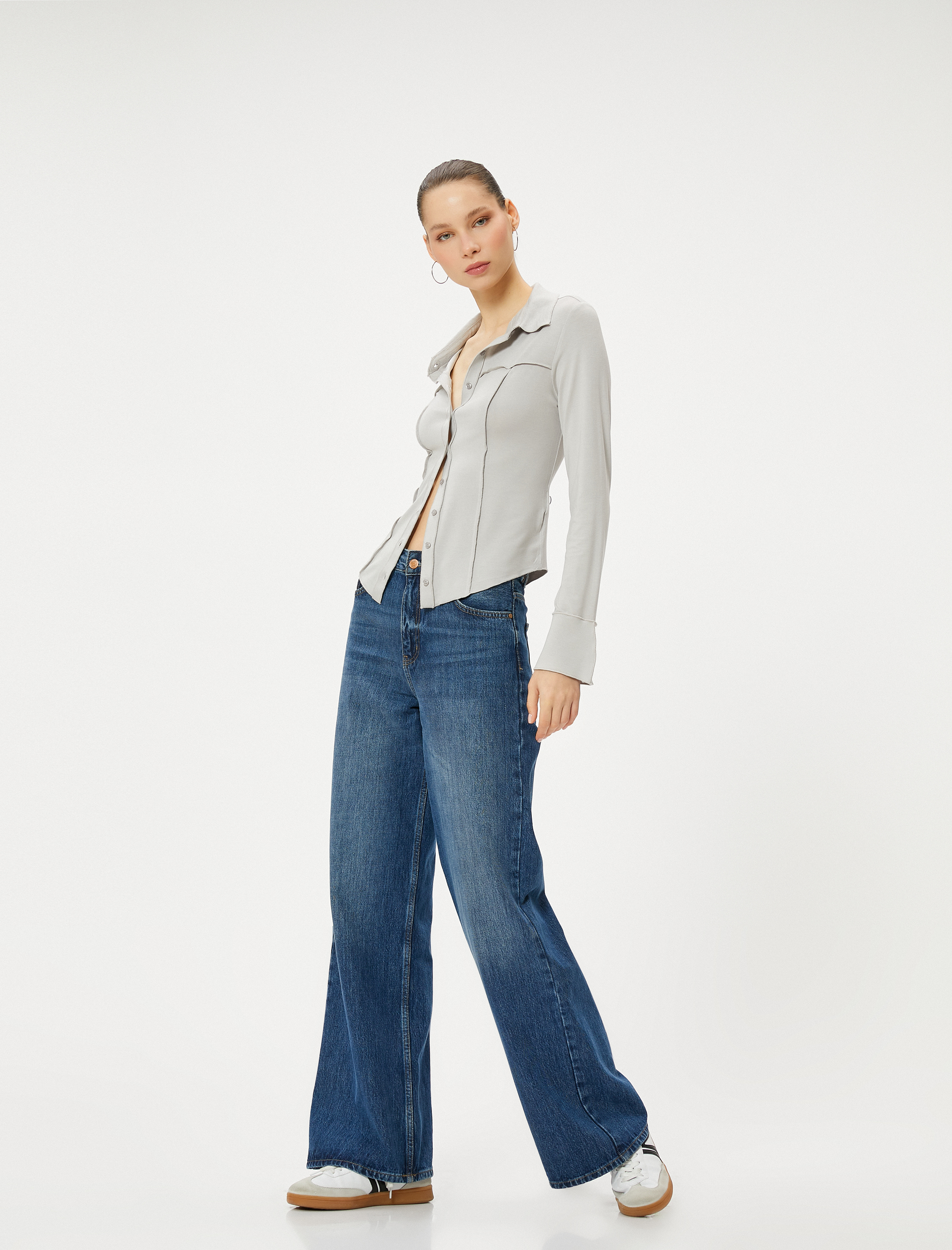   Viskon Kumaş Bluz Düğmeli Gömlek Yaka Uzun Kollu Nervürlü