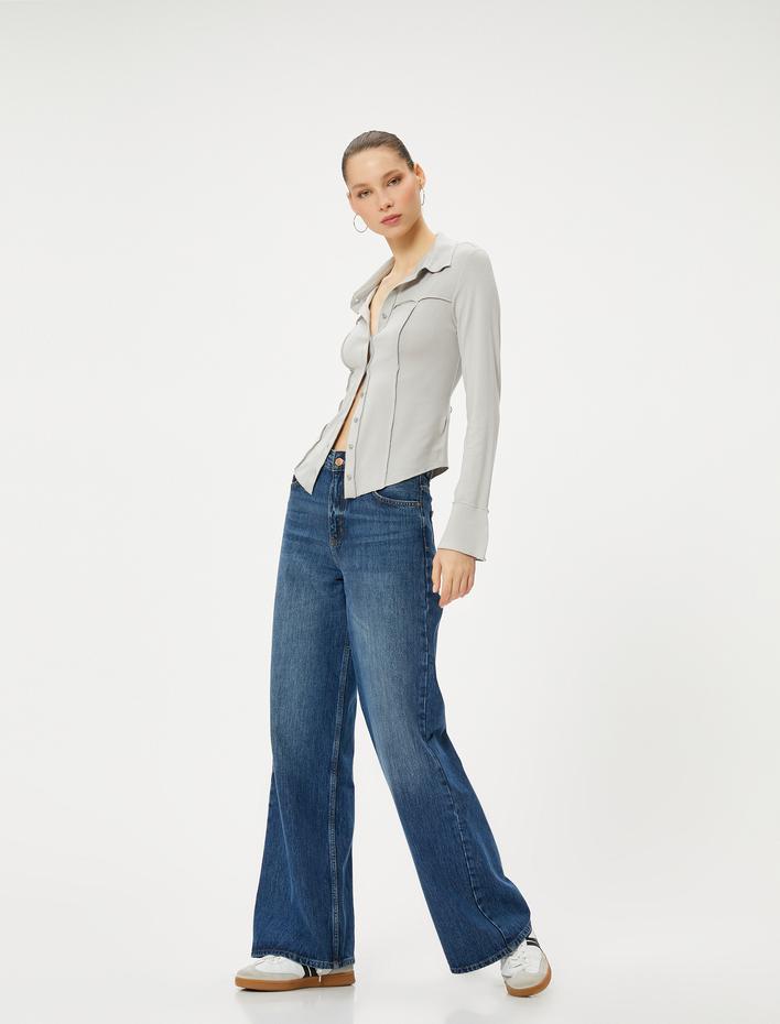  Viskon Kumaş Bluz Düğmeli Gömlek Yaka Uzun Kollu Nervürlü