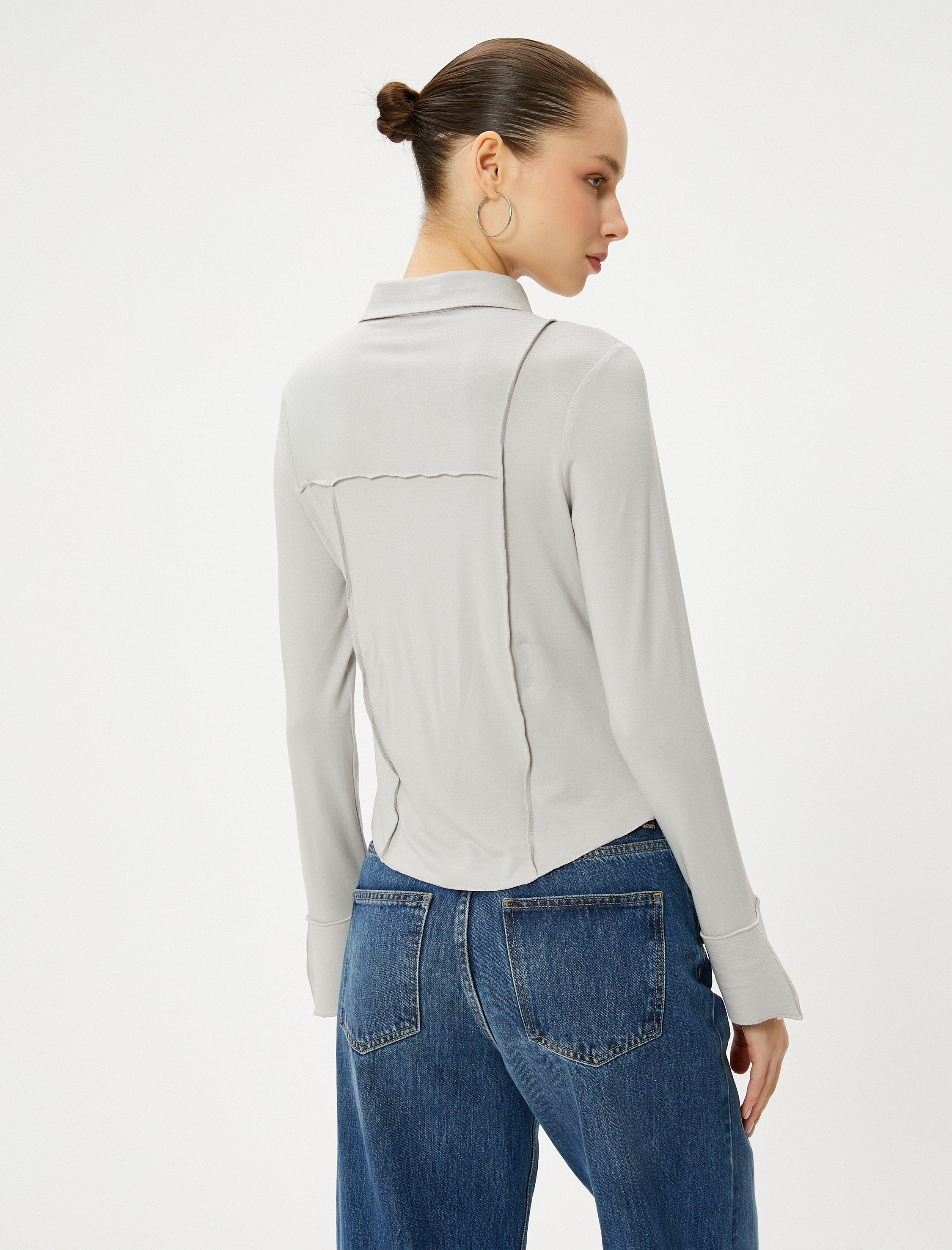   Viskon Kumaş Bluz Düğmeli Gömlek Yaka Uzun Kollu Nervürlü