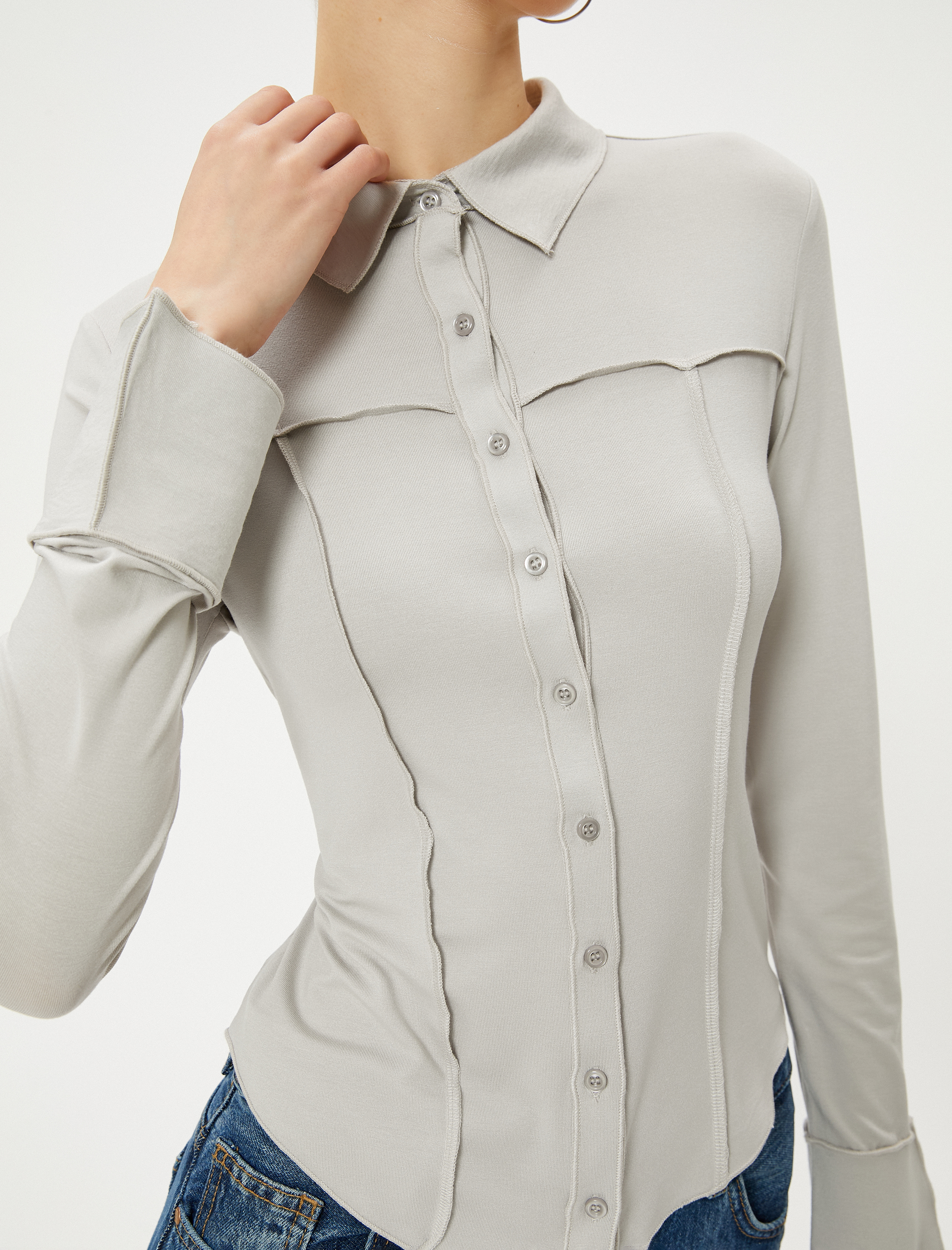   Viskon Kumaş Bluz Düğmeli Gömlek Yaka Uzun Kollu Nervürlü