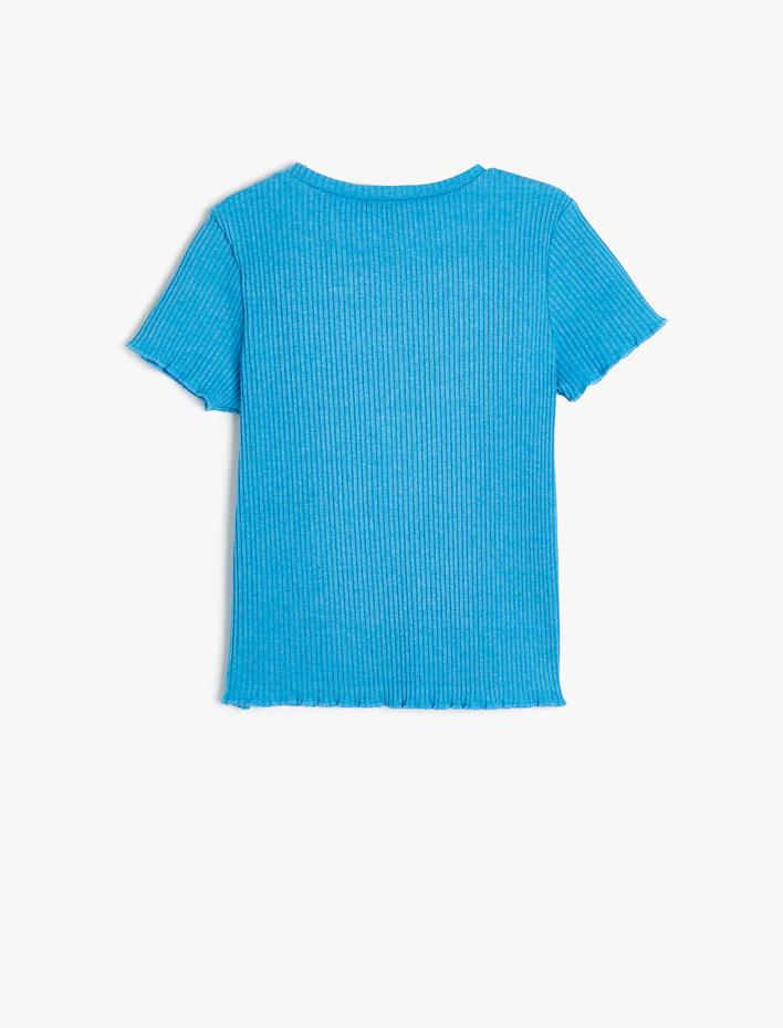 Kız Çocuk Tişört Baskı Detaylı Ribanalı Kısa Kollu Bisiklet Yaka